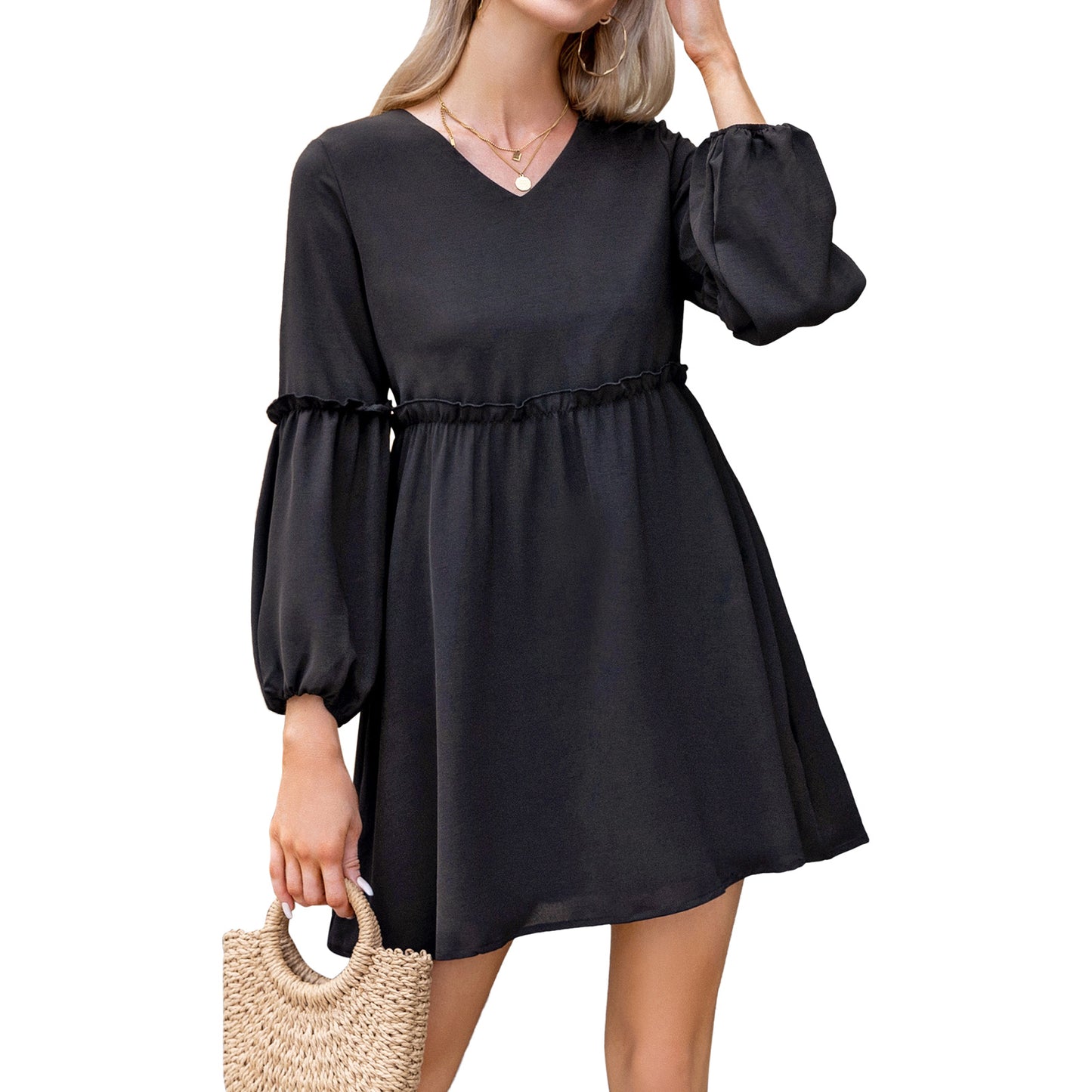 Exlura Women’s Casual Flowy Tunic Tshirt Dress V Neck Ruffle Long Puff Sleeve Dress Cocktail Party Mini Dress