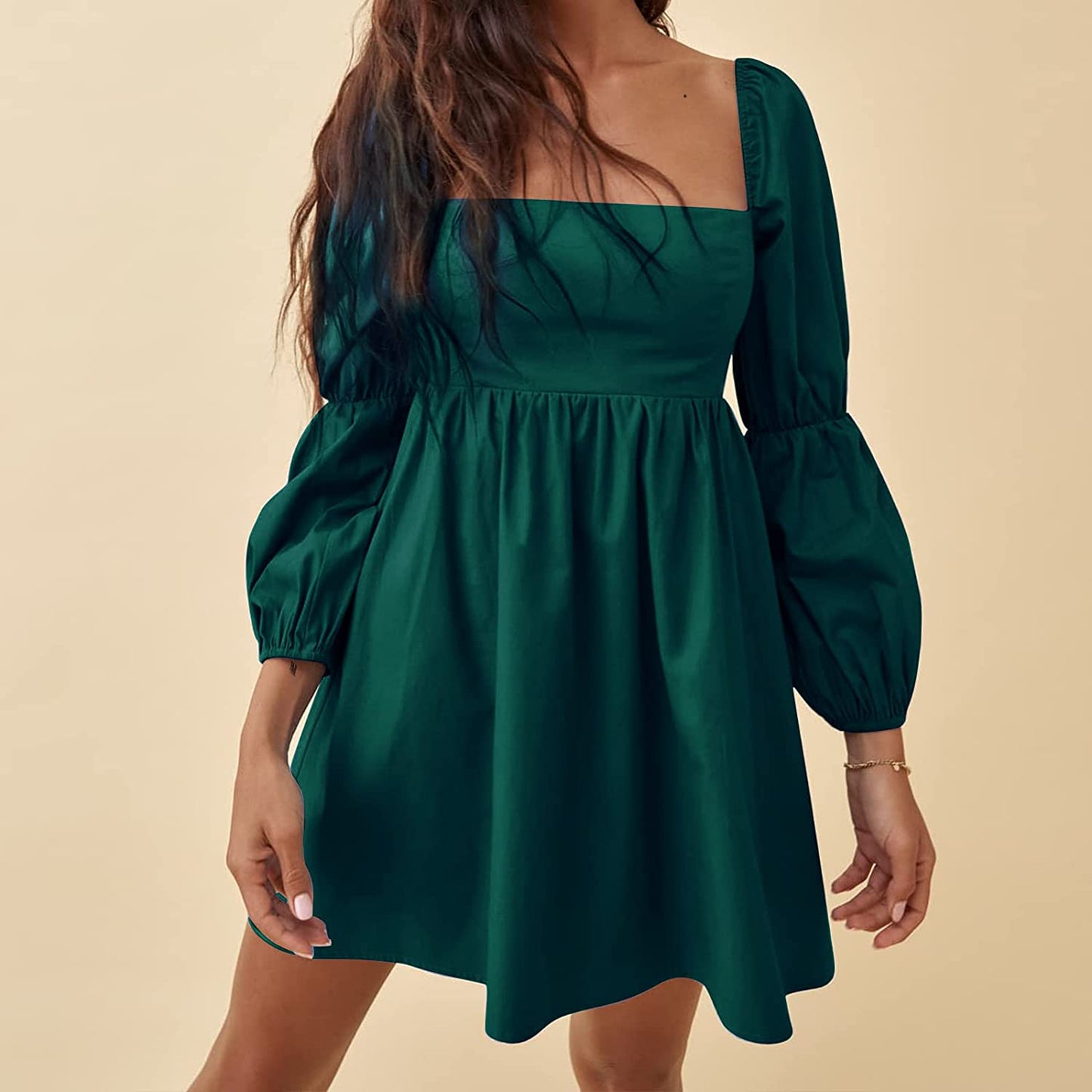 Square Neck Dress Long Puff Sleeve A-Line Casual Short Mini Dress