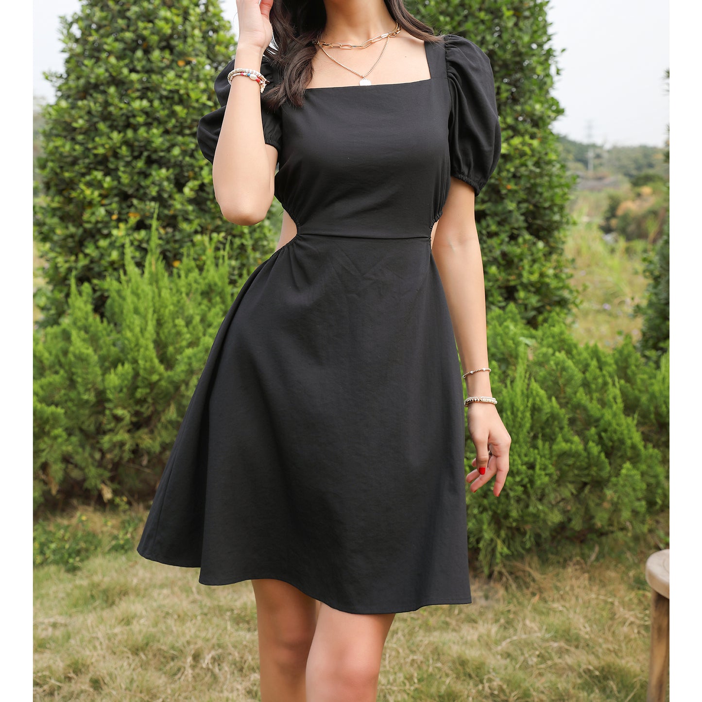 Exlura Women’s Backless Square Neck Party Dress Drawstring Tie Back Cut Out Puff Short Sleeve Club Mini Dress