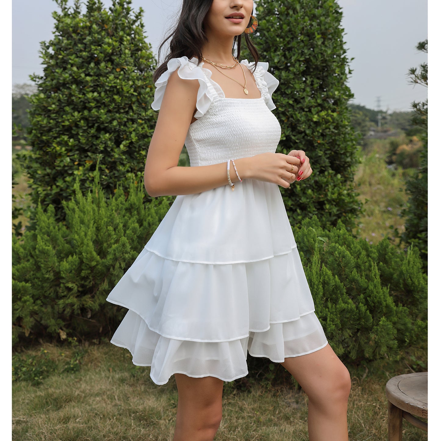 High Waist Sleeveless Ruffle Dress Backless Square Mini Summer Dress