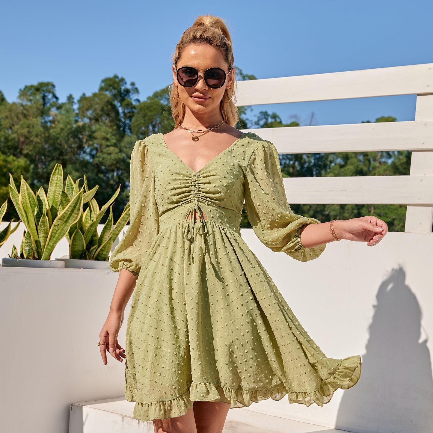 Exlura Women’s Puff 3/4 Sleeve V Neck Dress Ruffle High Waist Tie Back Backless Swiss Dot Keyhole Mini Dress