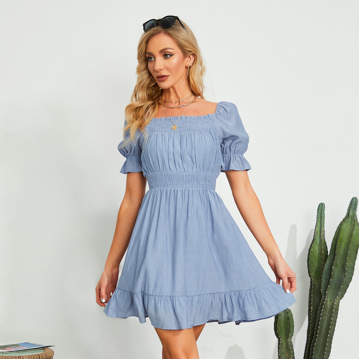 Exlura Women’s High Waist Square Neck Mini Dress Off Shoulder Smocked Puff Short Sleeve Summer Short Ruffle Dress