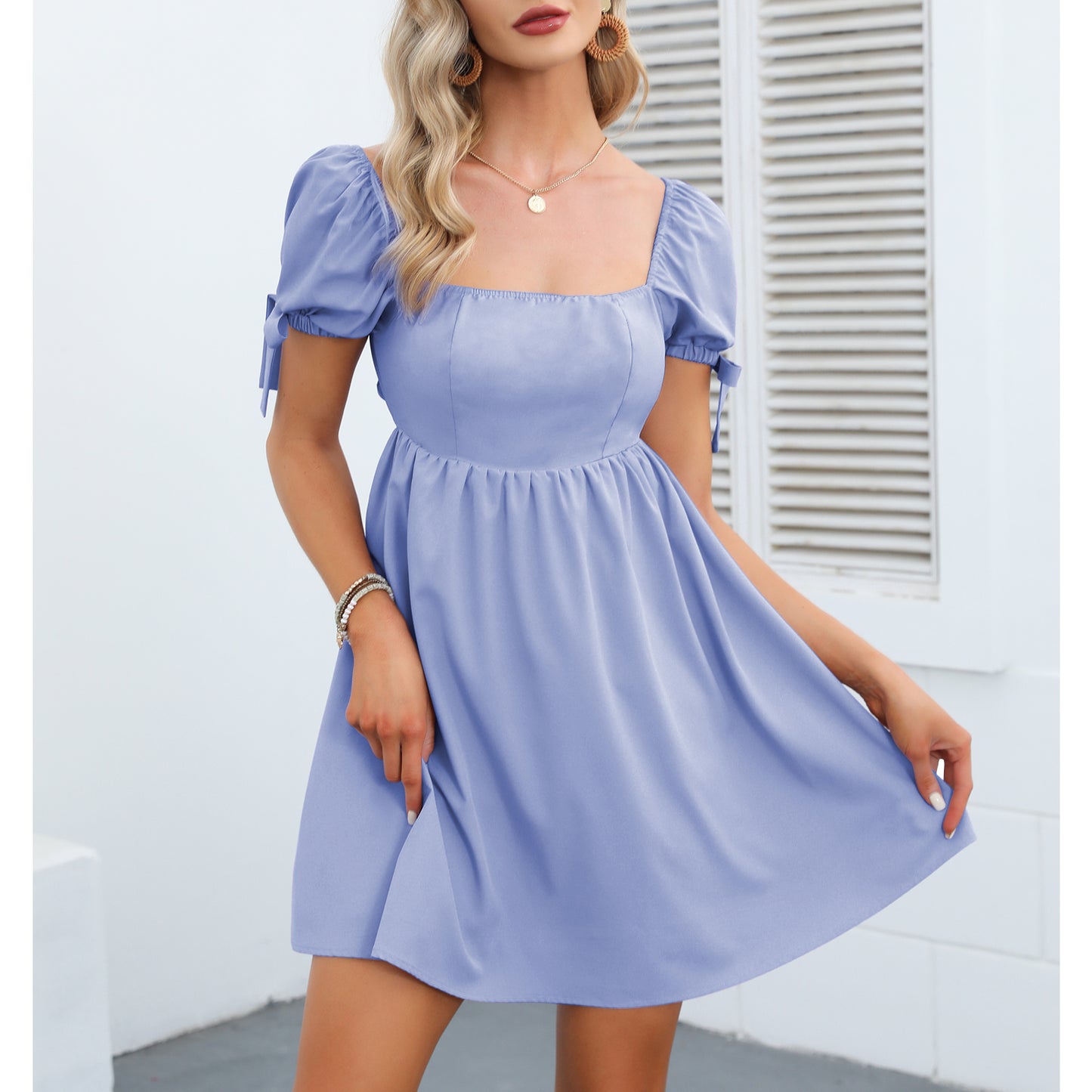 Square Neck Babydoll Dress Backless High Waist Tie Back Short Puff Sleeve Summer Mini Dress Sundress
