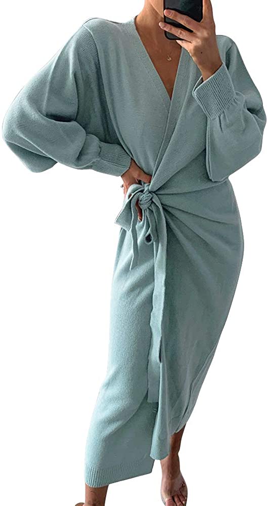 EXLURA Womens Knit Sweater Dress Casual Solid Long Sleeve Wrap Maxi Dresses with Belt