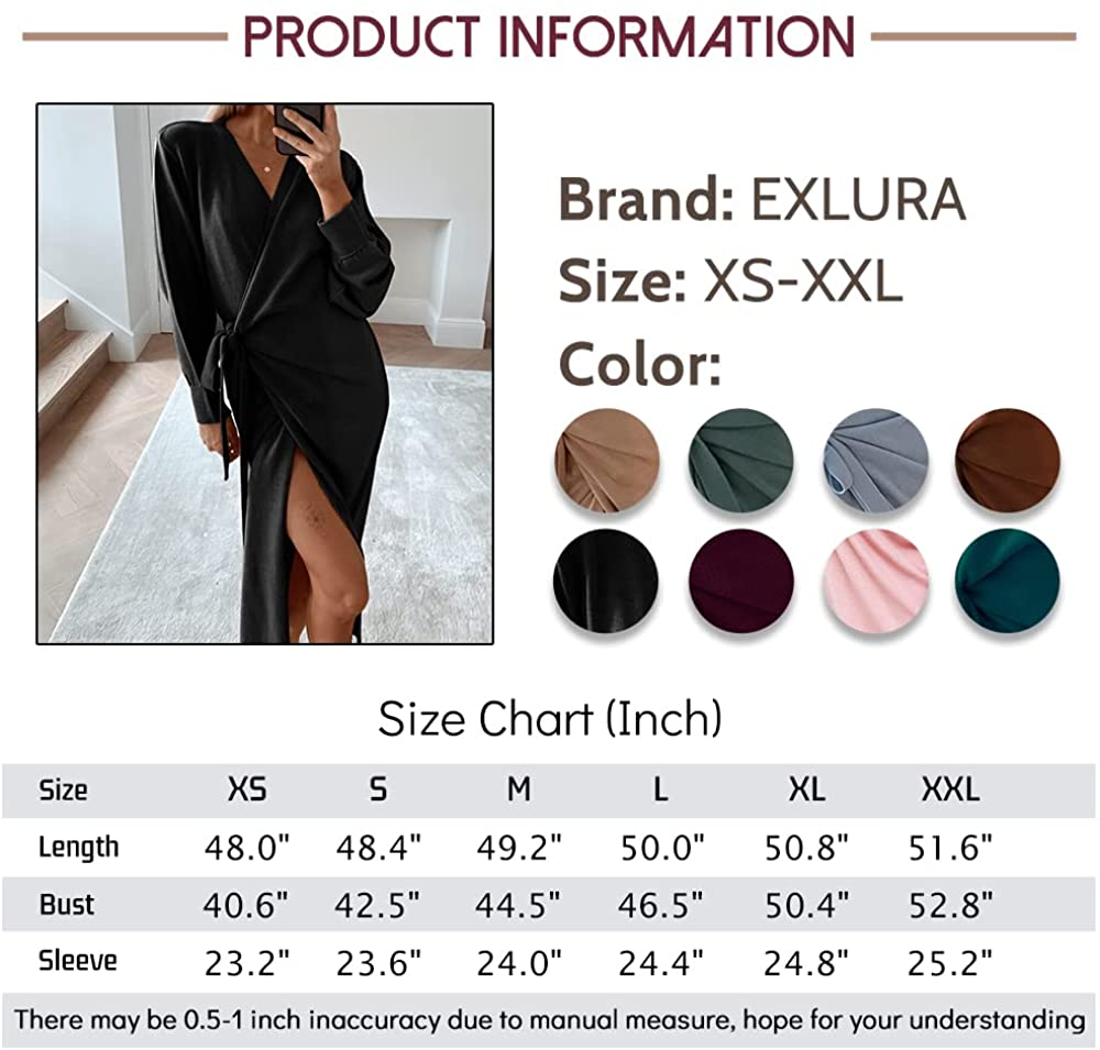 EXLURA Womens Knit Sweater Dress Casual Solid Long Sleeve Wrap Maxi Dresses with Belt