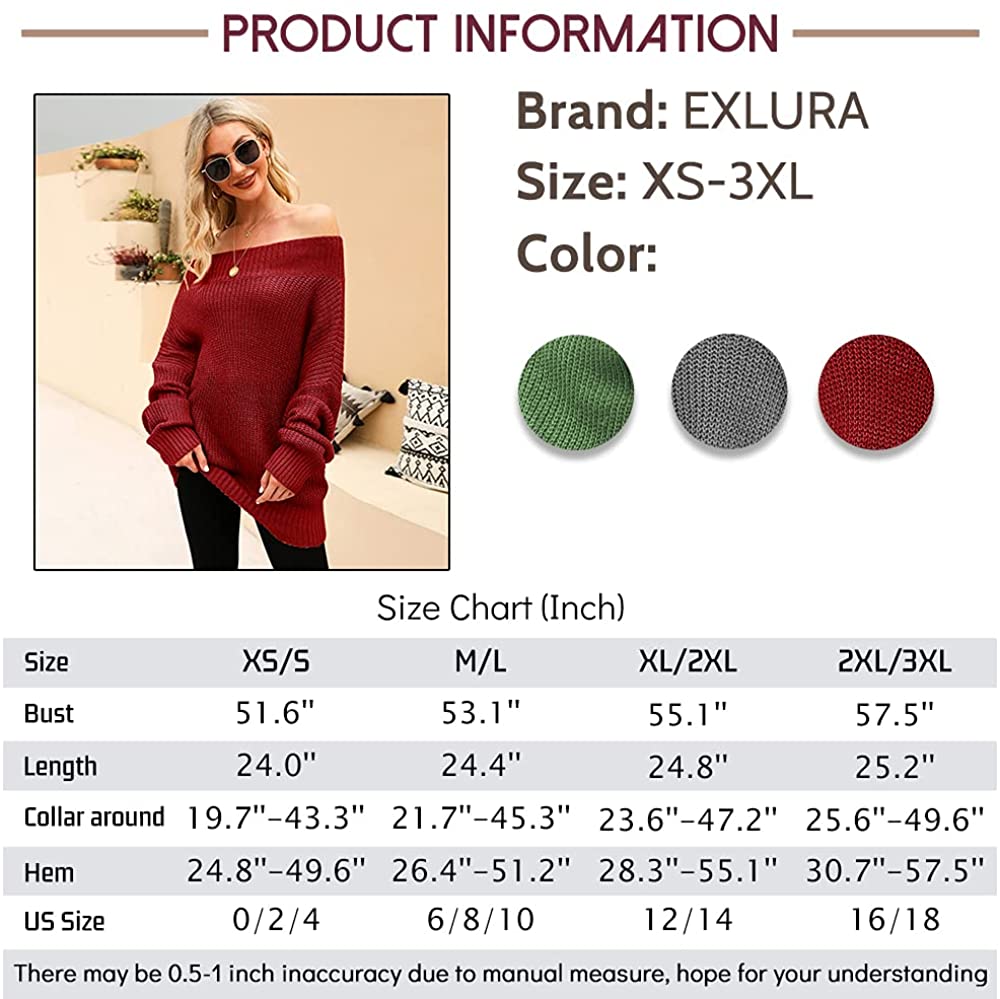 EXLURA Women's 024 New Off Shoulder Sweater Batwing Sleeve Loose Oversized Pullover Knit Jumper