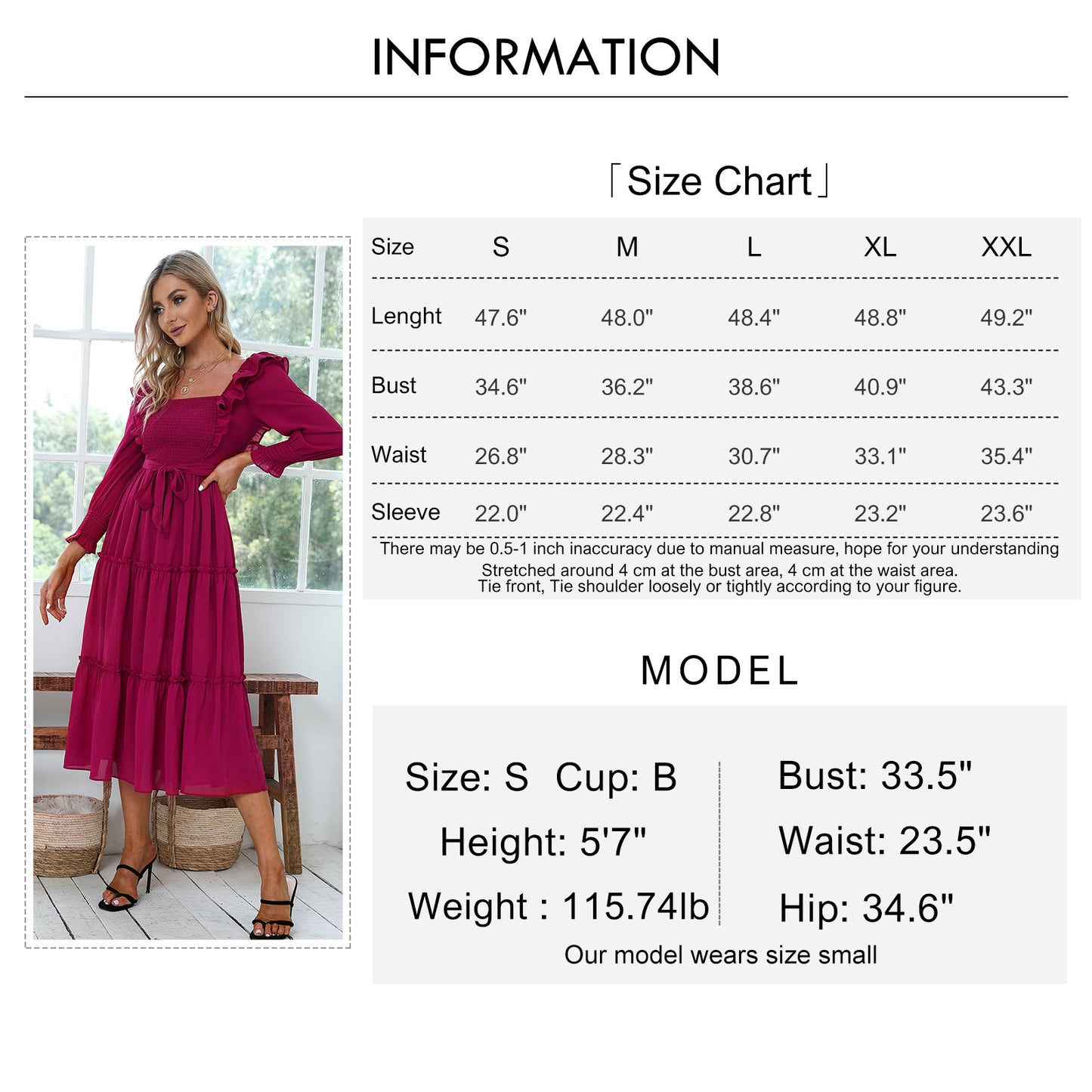 Byinns Womens Long Sleeves Smocked Waist Maxi Dress Elegant Ruffle Square Neck Dresses