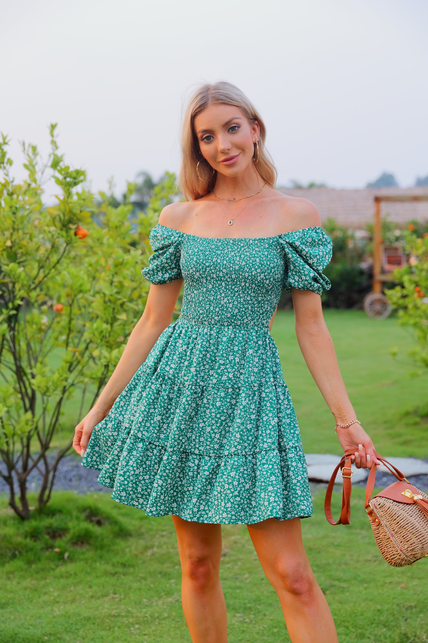 Byinns Women’s Square Neck Ruffle Mini Dress Smocked Cut Out Ditsy Floral Backless Tiered Puff Short Sleeve Dress