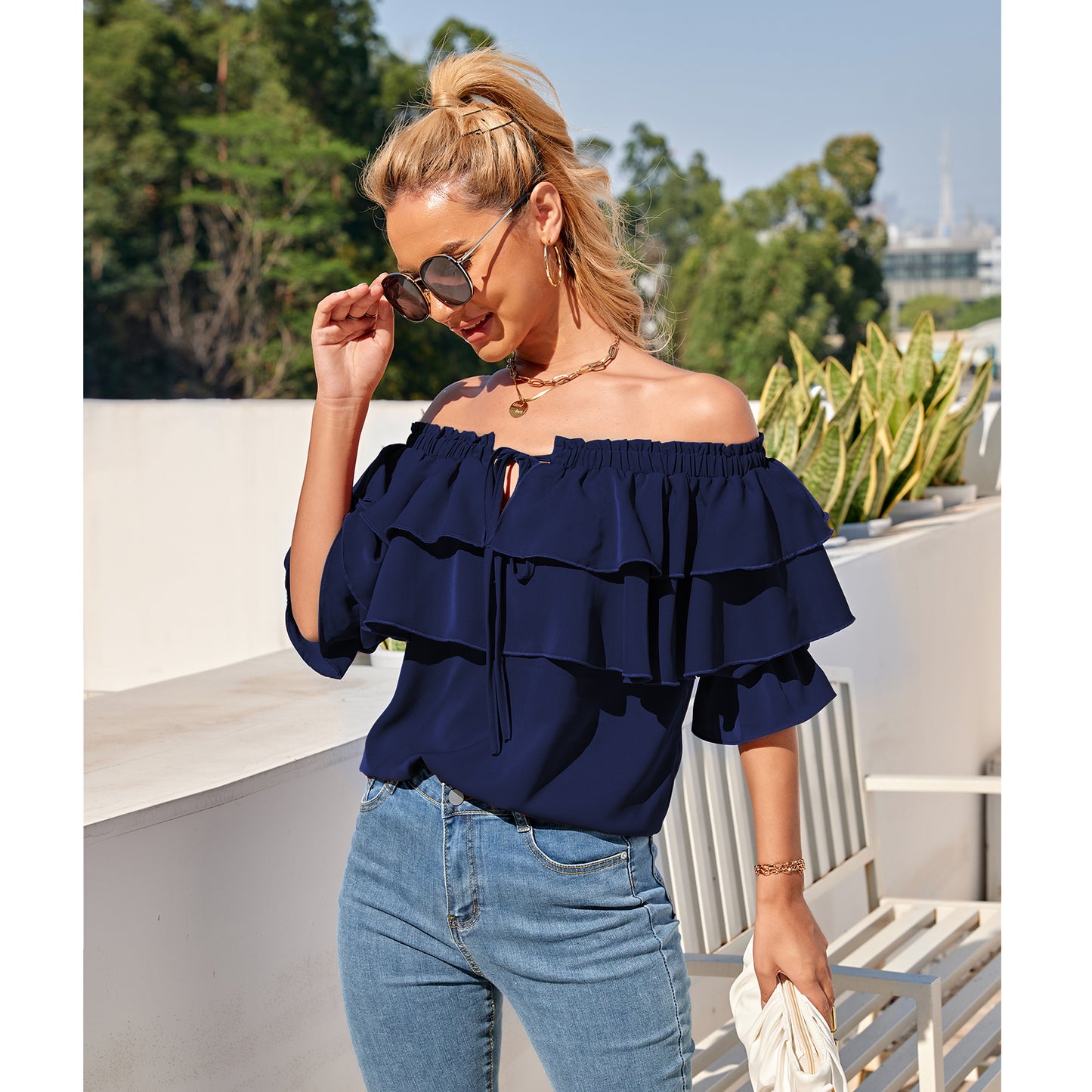 Off Shoulder Ruffle Long Sleeve Blouses Casual Layered Tops