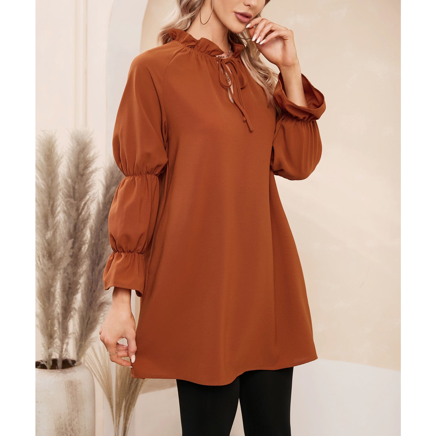 Exlura Women’s Vintage Casual Mini Dress Tie Front Ruffle Long Puff Sleeve Tunic Dress Cocktail Party Dress