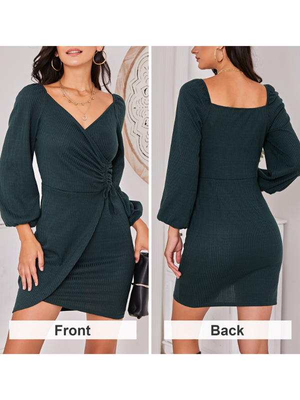 EXLURA Women's Wrap Bodycon Mini Dress Drawstring V Neck Long Lantern Sleeve Ruched Knit Sexy Bandage Cocktail Party Dresses