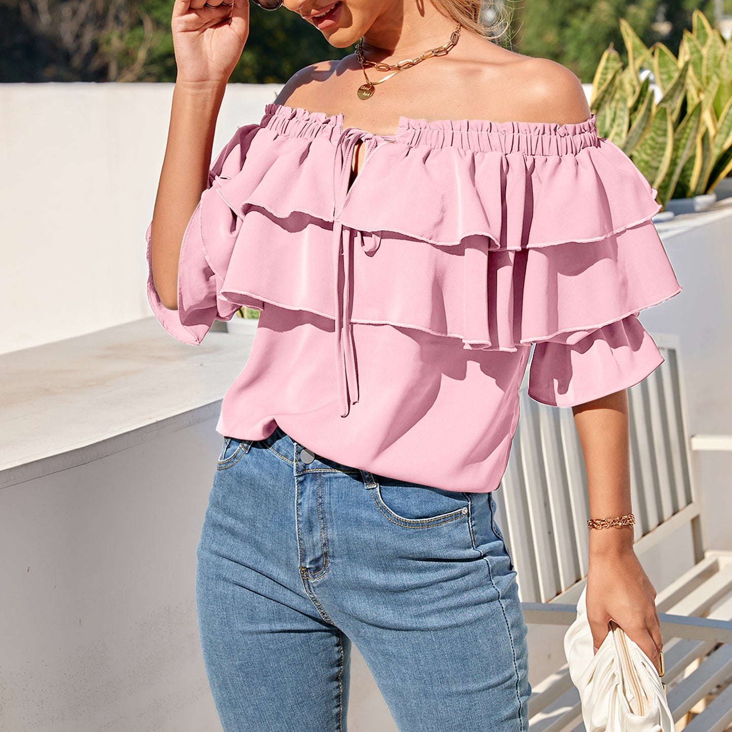 Off Shoulder Ruffle Long Sleeve Blouses Casual Layered Tops