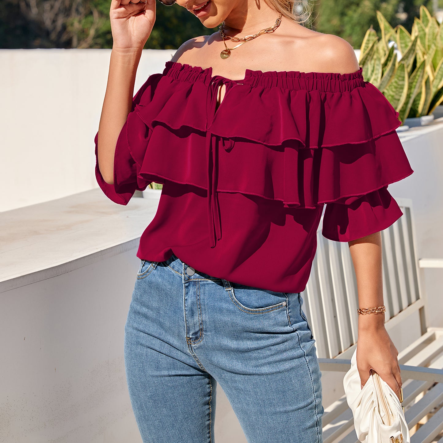 Off Shoulder Ruffle Long Sleeve Blouses Casual Layered Tops