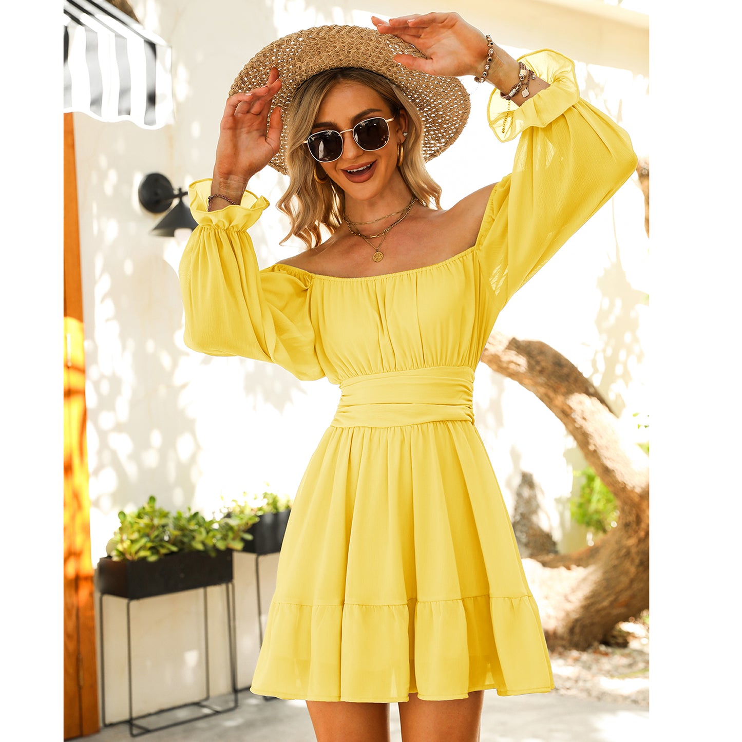 Long Lantern Sleeve Square Neck Dress Elastic Waist Aline Casual Mini Dress