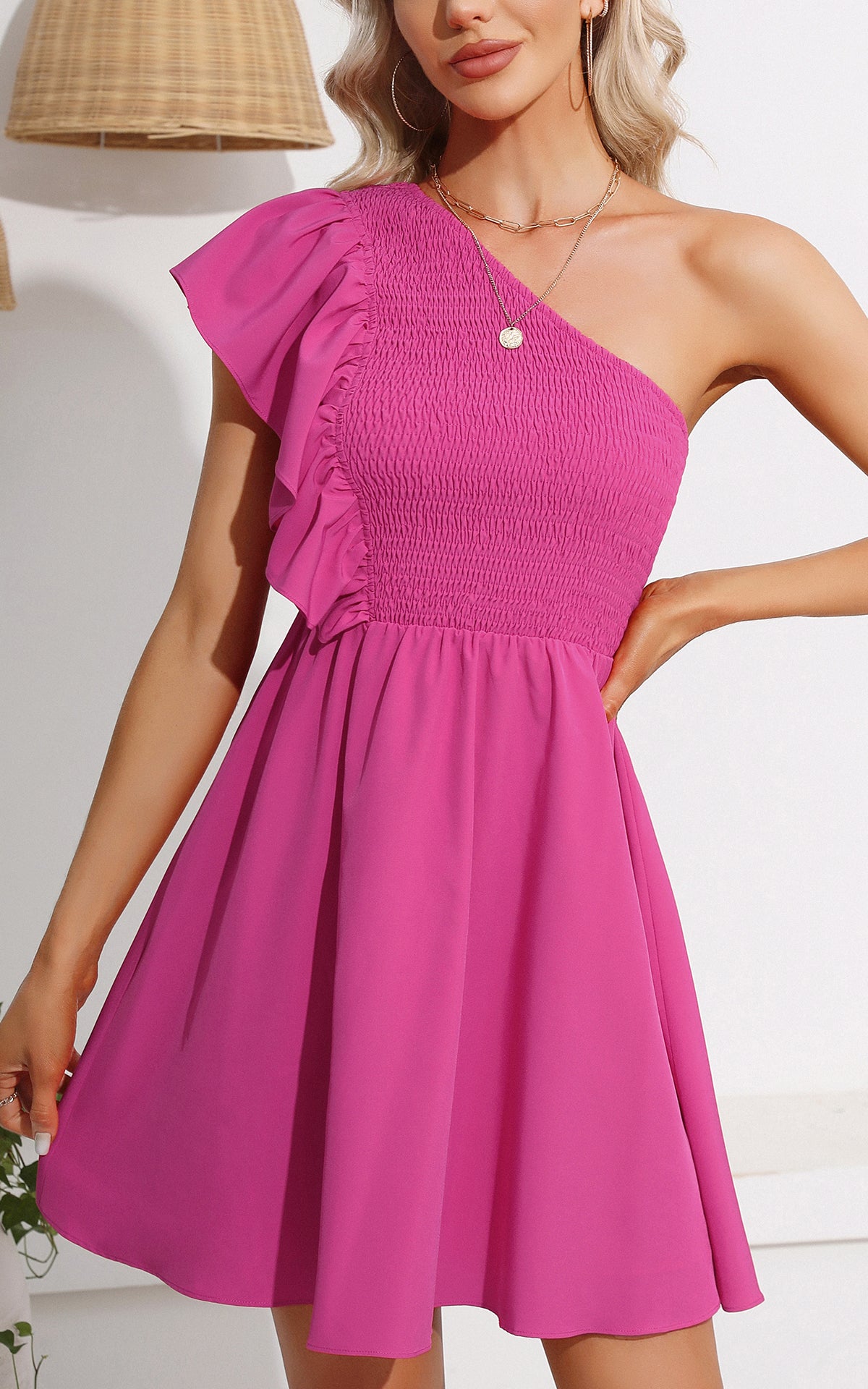 Summer One Shoulder Mini Sundress - Ruffle Smocked Flowy