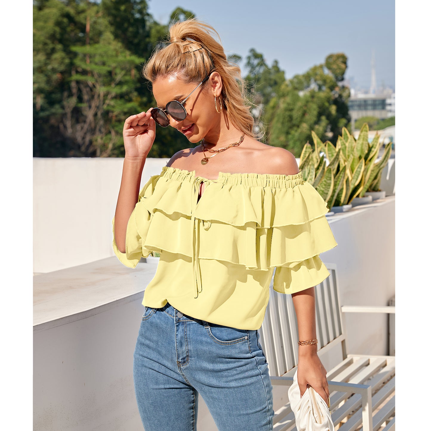 Off Shoulder Ruffle Long Sleeve Blouses Casual Layered Tops