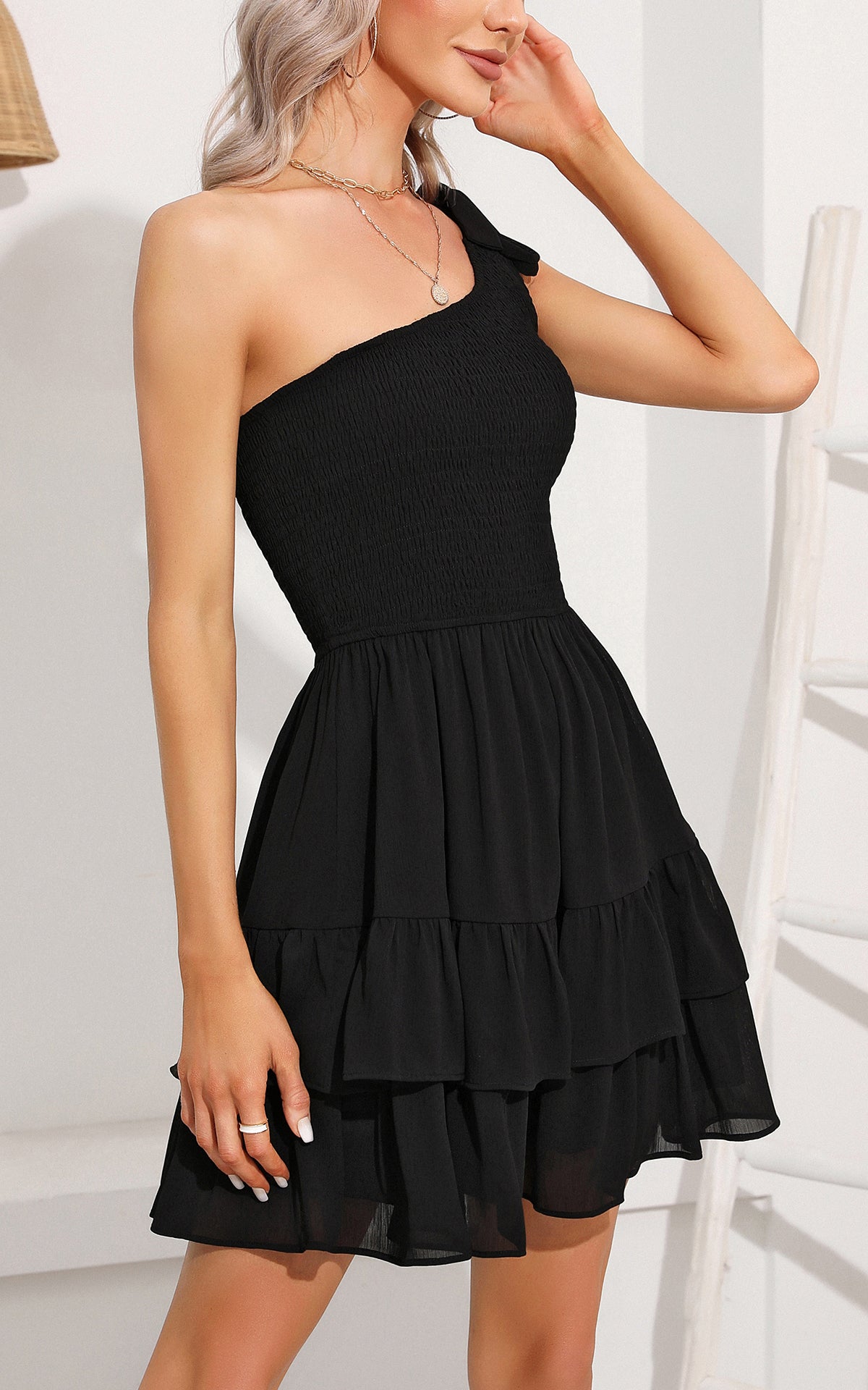 Summer One Shoulder Sleeveless Solid Color Dress Ruffle