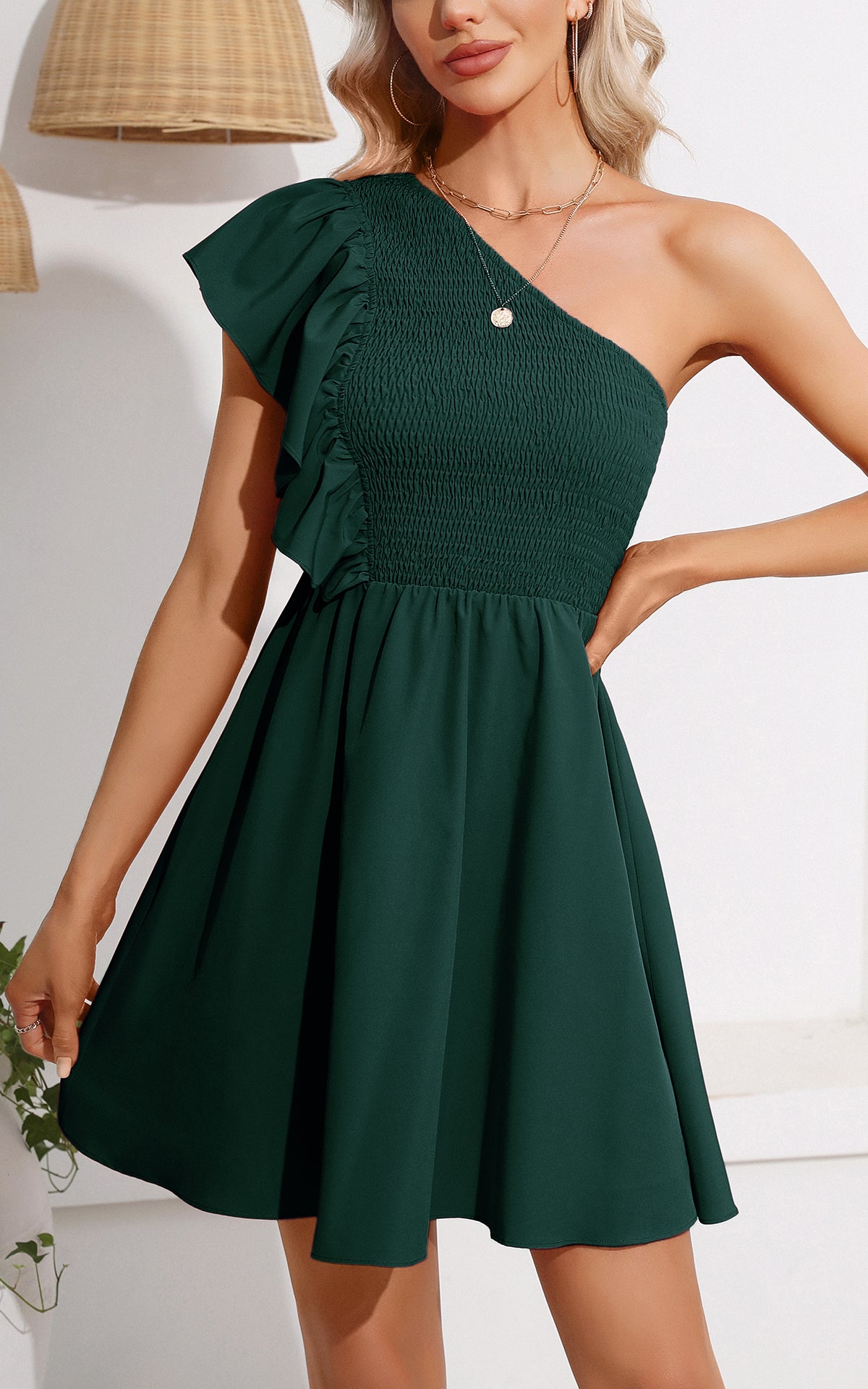 Summer One Shoulder Mini Sundress - Ruffle Smocked Flowy