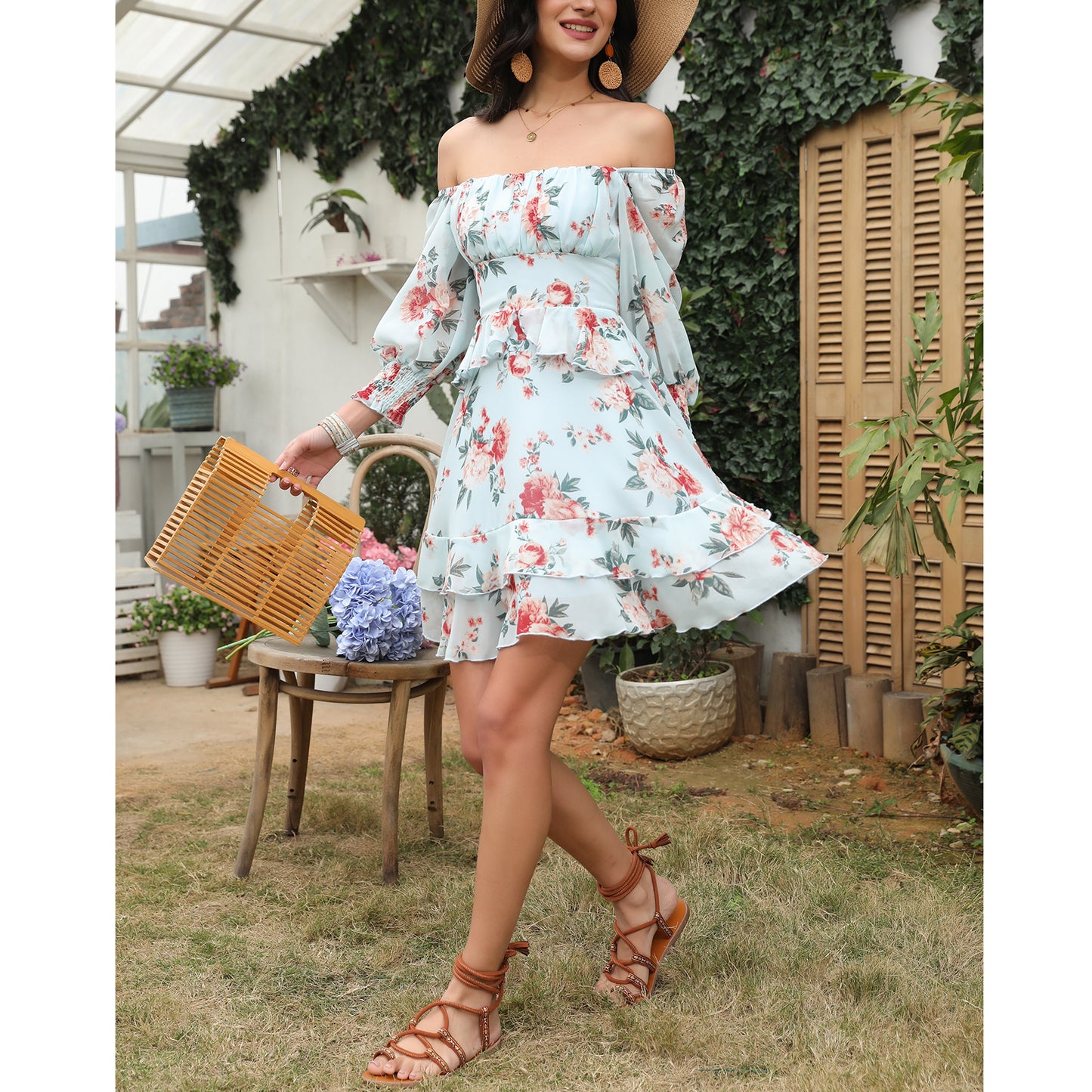 Tiered Square Neck Off Shoulder Smocked Skater  Sundress