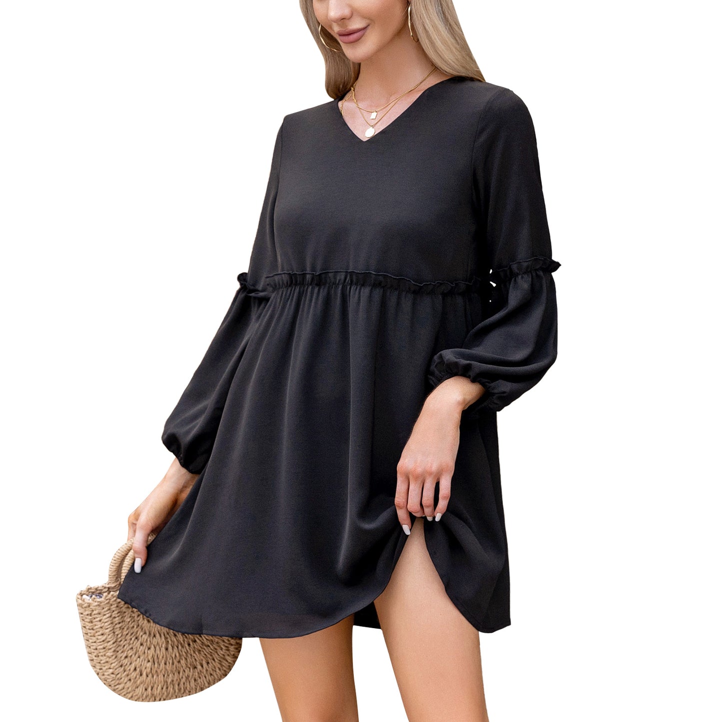 Exlura Women’s Casual Flowy Tunic Tshirt Dress V Neck Ruffle Long Puff Sleeve Dress Cocktail Party Mini Dress