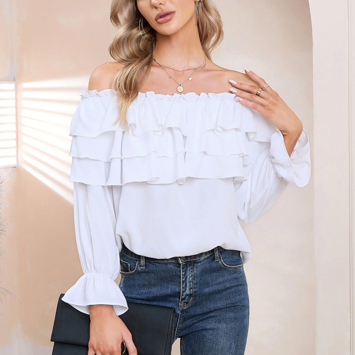 Byinns Women’s Off The Shoulder Layered Ruffle Tops Long Puff Sleeve Flowy Blouses Shirts Party Dressy Tops