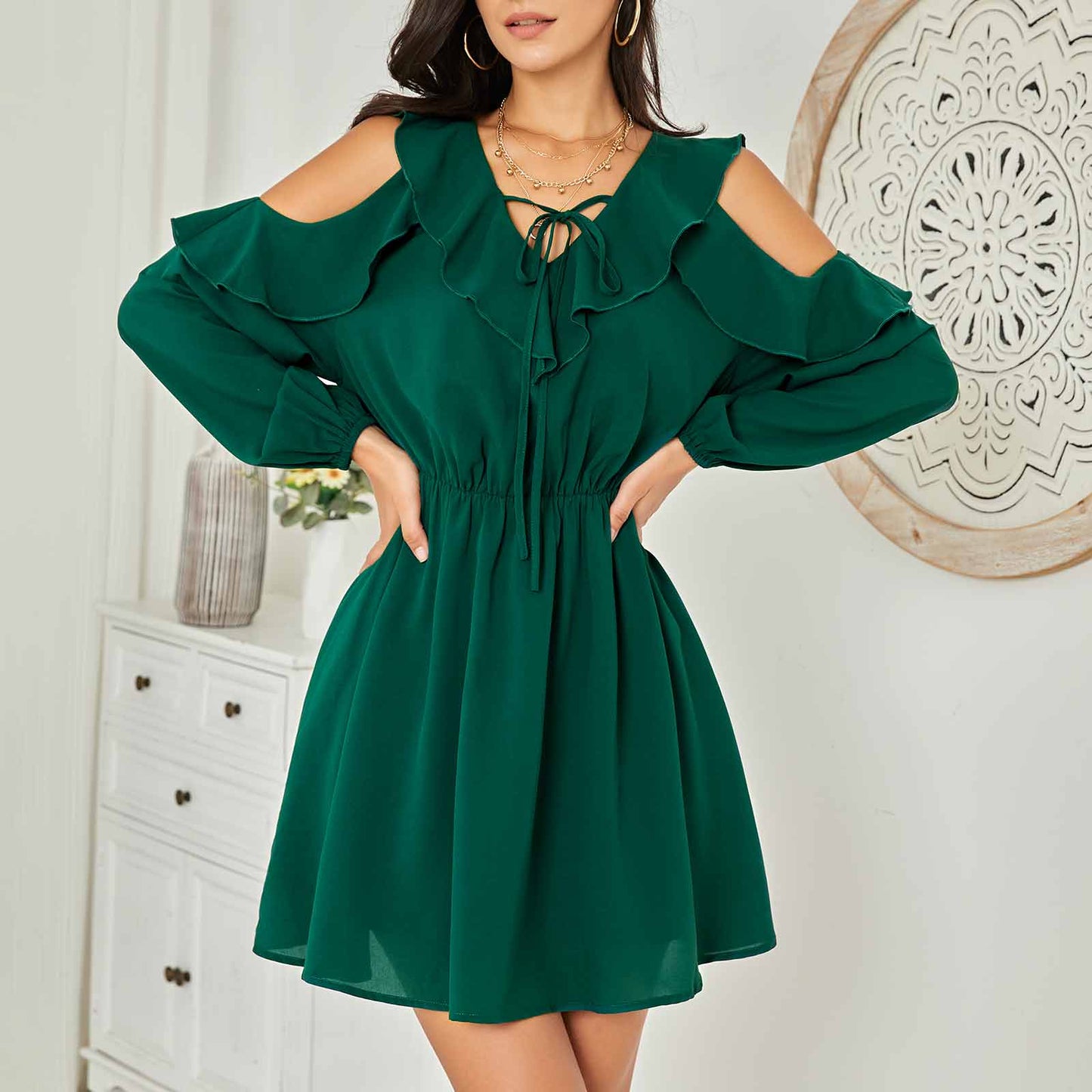 Exlura Women’s Ruffle Swing Mini Dress Cold Shoulder V Neck Long Sleeve Dress Cute Bridal Shower Wedding Guest Dress