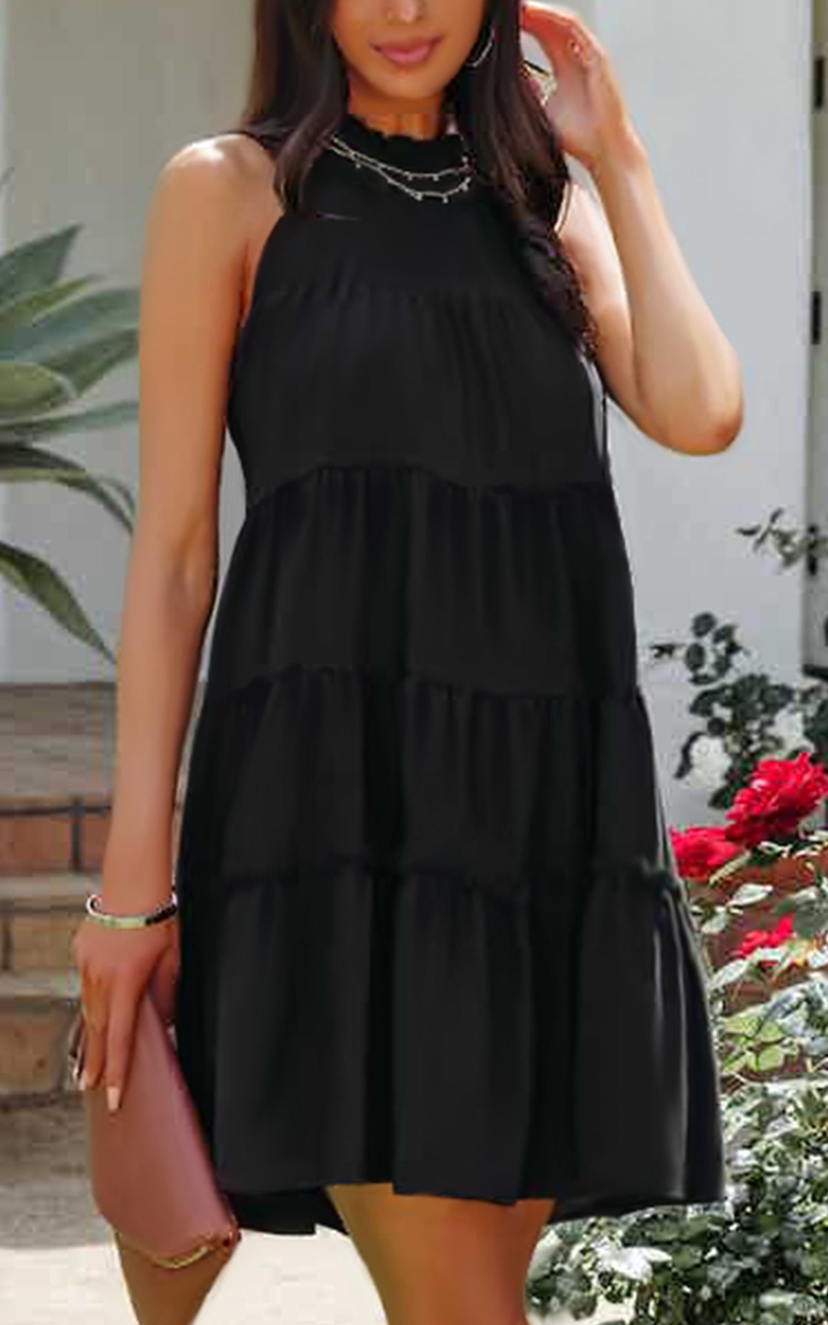 Summer Halter Mini Dress - Ruffle High Neck Tunic Knit