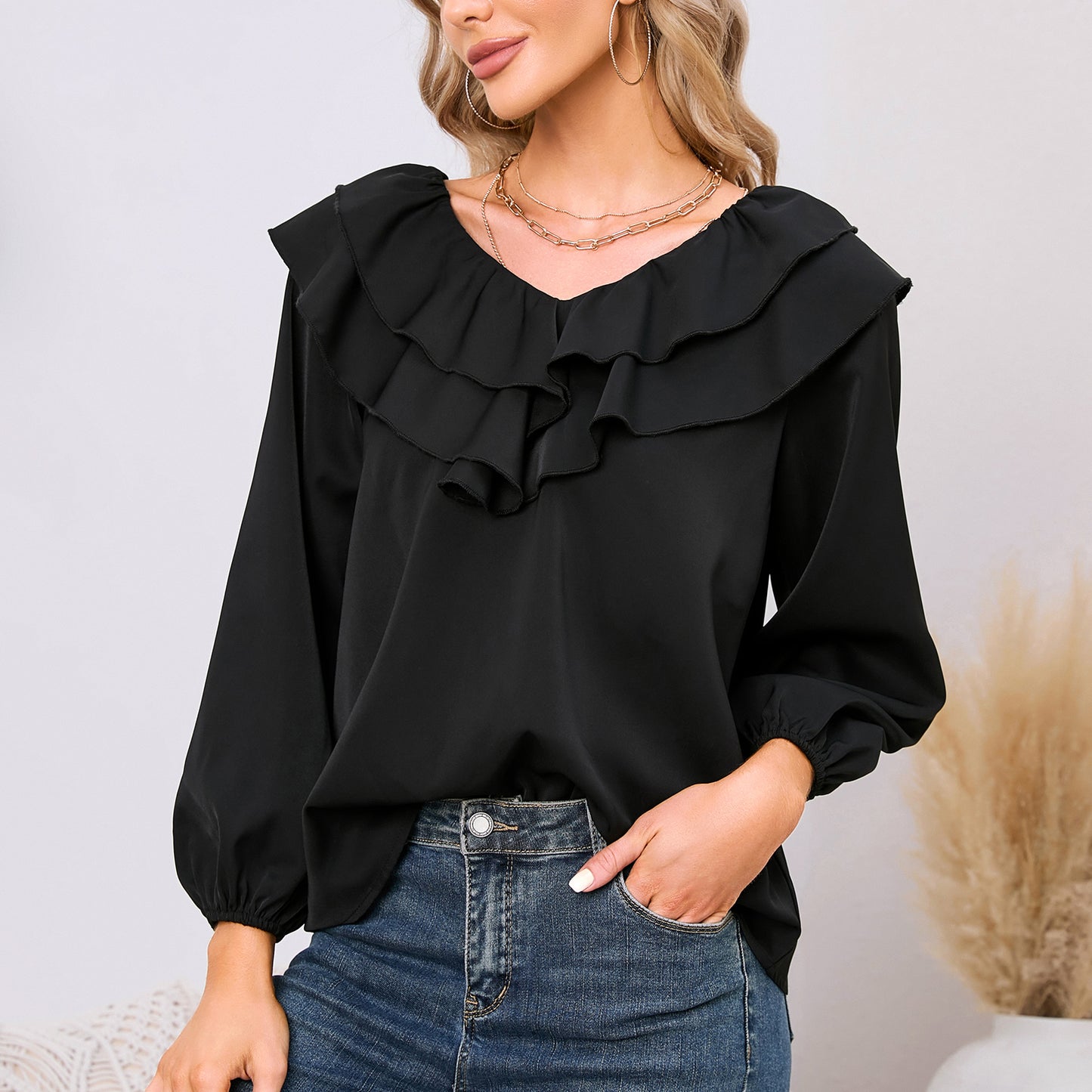 EXLURA Women’s Layered Ruffle Flowy Tops V Neck Long Puff Sleeve Blouses Shirts Casual Dressy Tops