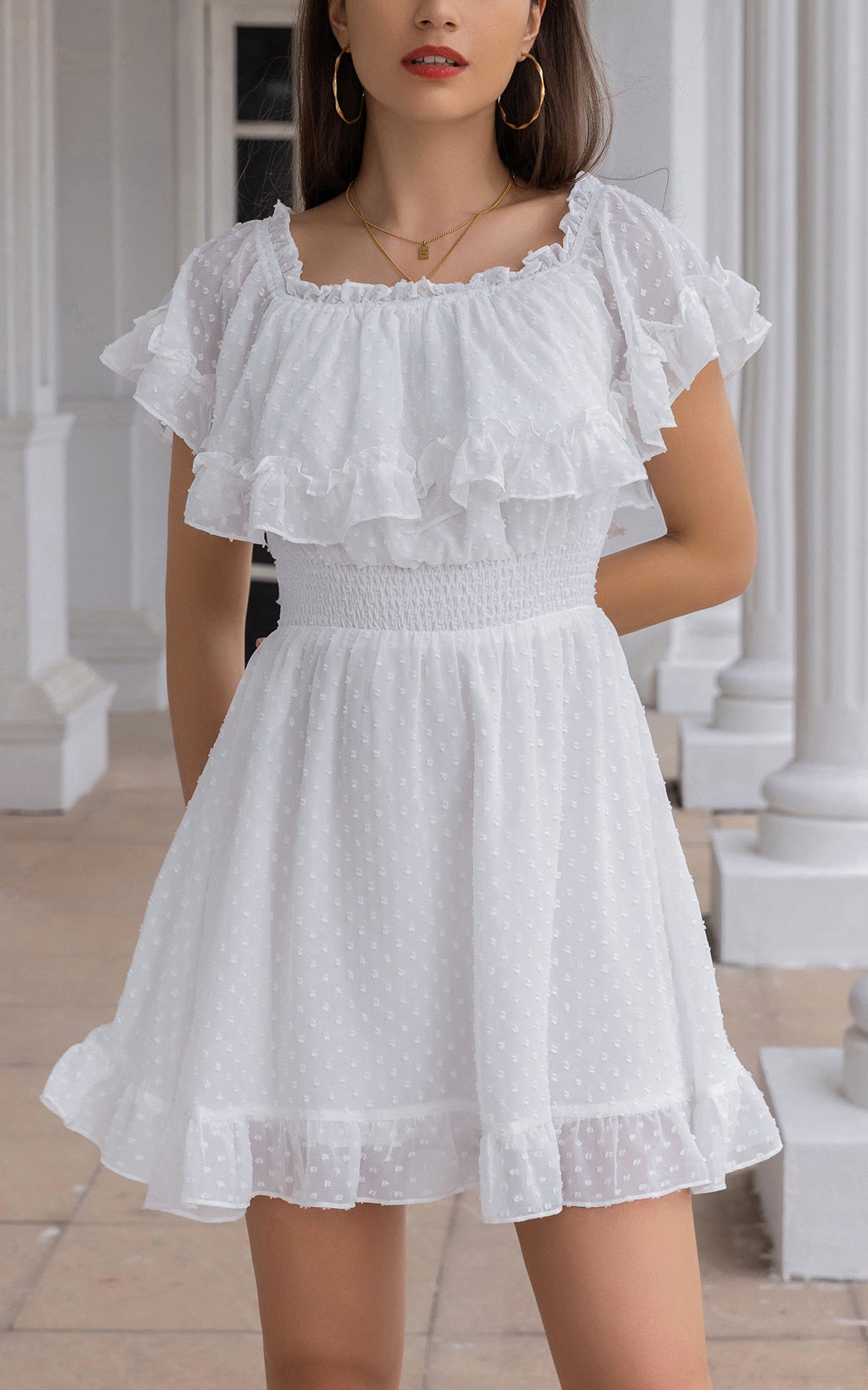 Mini Dress - Swiss Dot Ruffle Off the Shoulder Short Sleeve