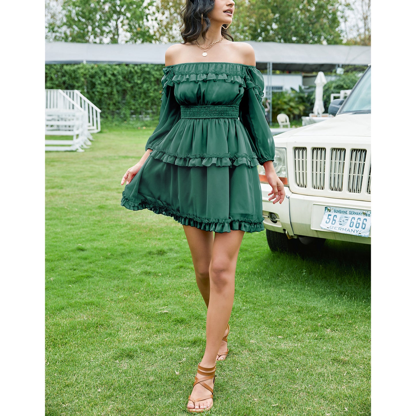 EXLURA Women's Short Mini Dress Square Neck A Line Long Sleeve Dress Tiered Ruffle Boho Wedding Guest Dress