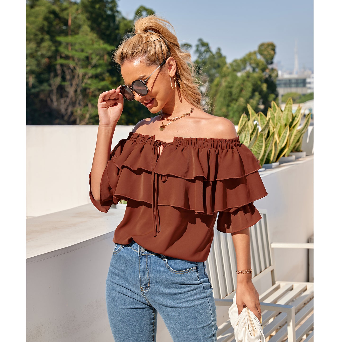 Off Shoulder Ruffle Long Sleeve Blouses Casual Layered Tops