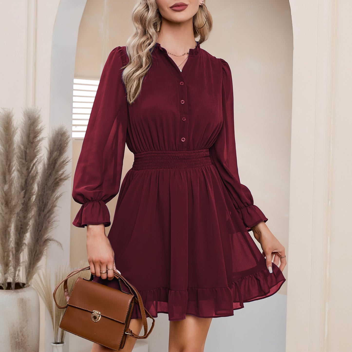 EXLURA Women's Wrap Bodycon Mini Dress Drawstring V Neck Long Lantern Sleeve Ruched Knit Sexy Bandage Cocktail Party Dresses