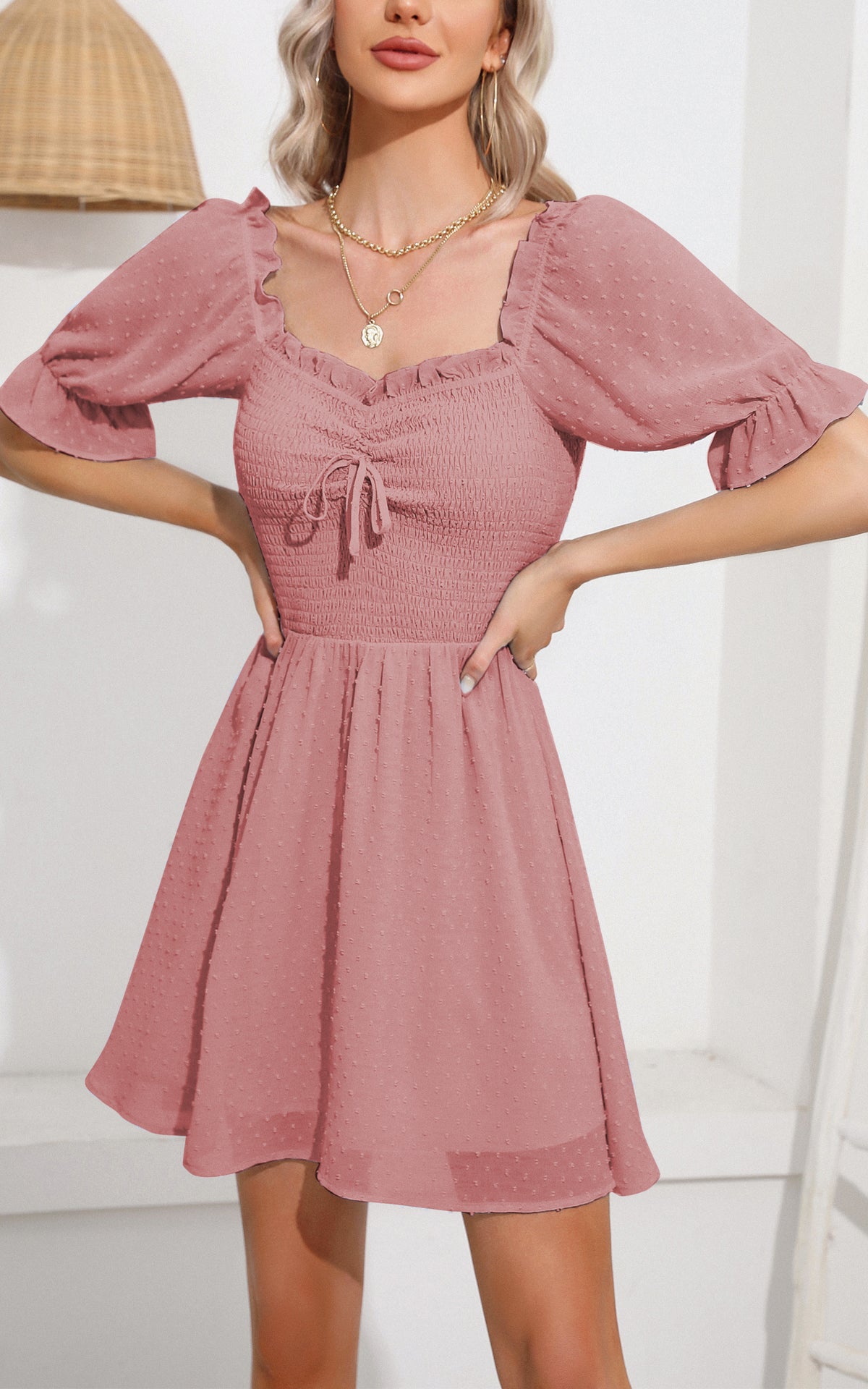 Summer Mini Dress - Sweetheart Neckline Swiss Dot Smocked Short Sleeve