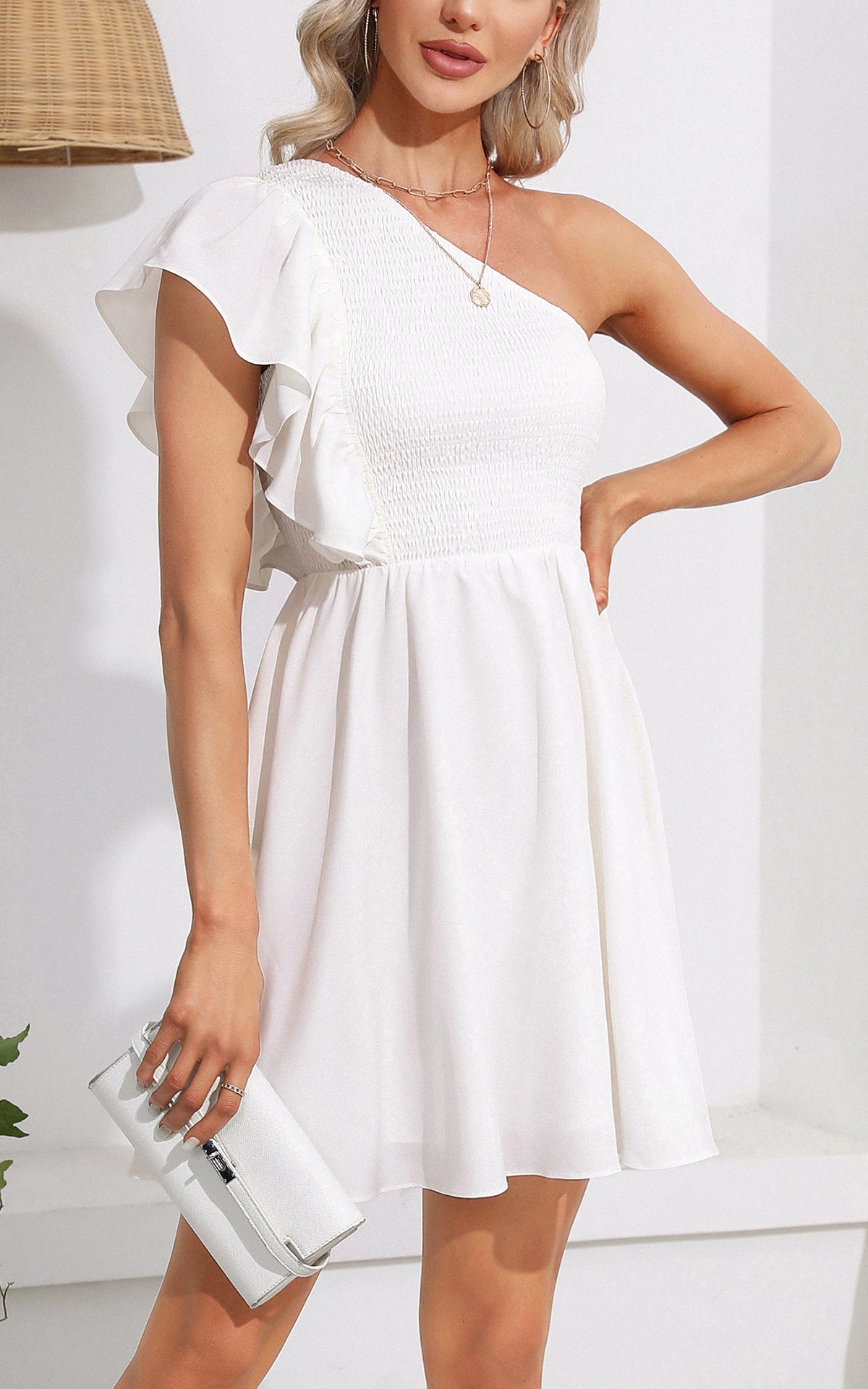 Summer One Shoulder Mini Sundress - Ruffle Smocked Flowy