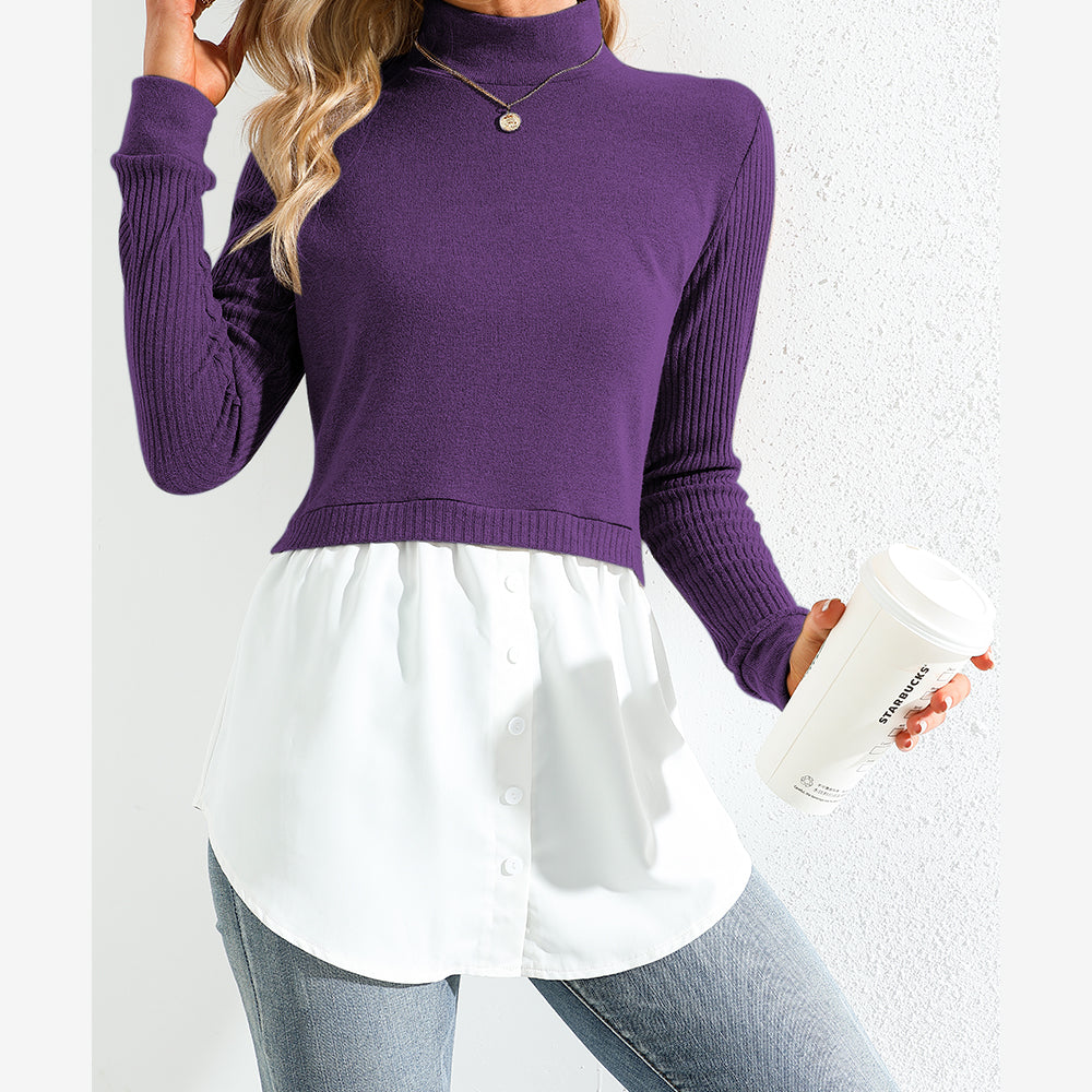 EXLURA Women's Patchwork Shirt Office Shirt Ribbed Sleeve Button Down Shirt Hem 2 in 1 Pullover Blouse Tops for Work