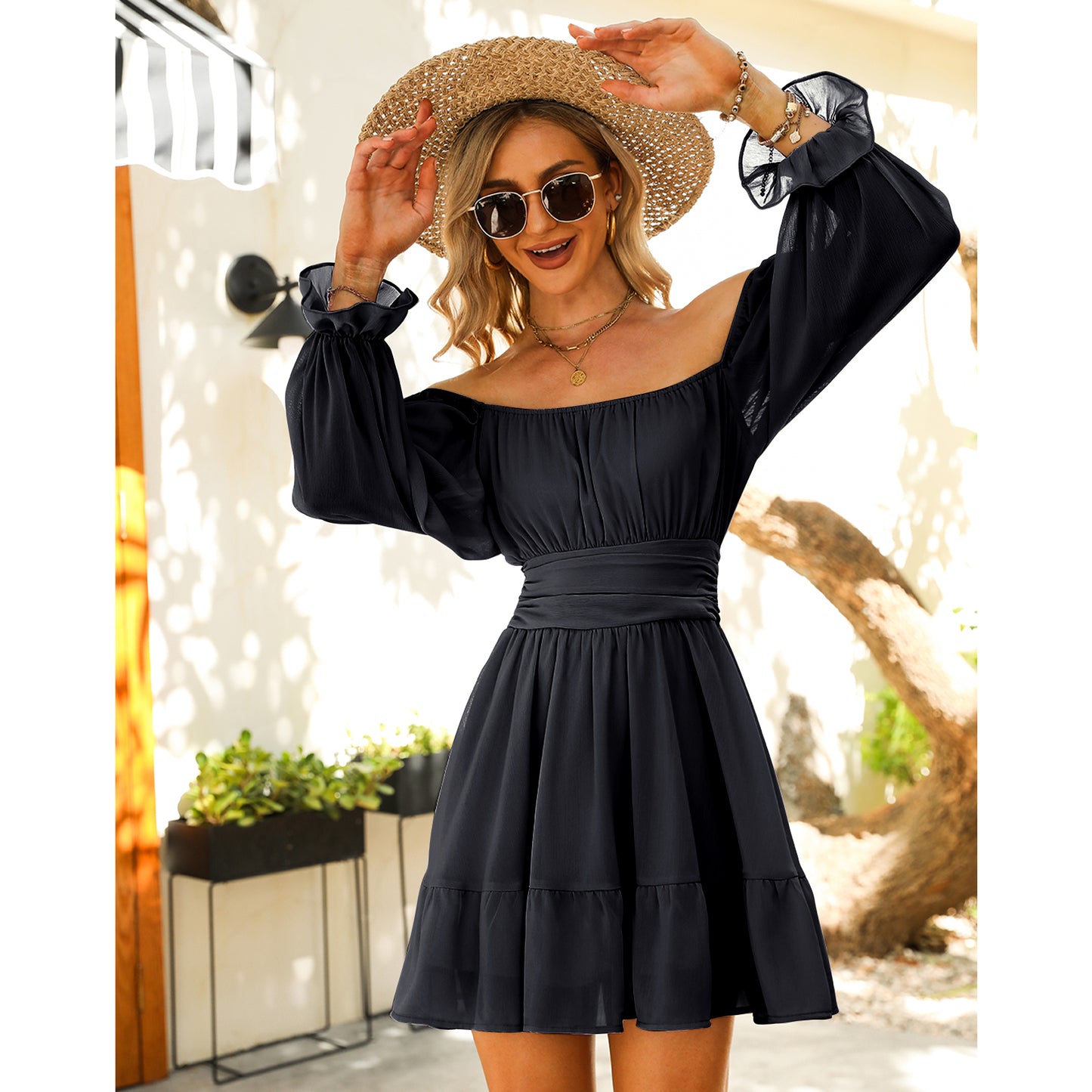 Long Lantern Sleeve Square Neck Dress Elastic Waist Aline Casual Mini Dress