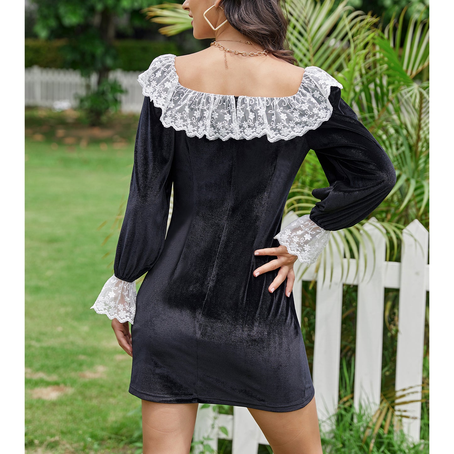 Exlura Women’s Lace Ruffle Velvet Mini Dress Square Neck Long Lantern Sleeve Victorian Dress Club Cocktail Party Bodycon Dress
