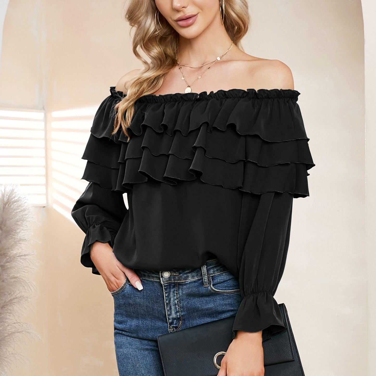 Byinns Women’s Off The Shoulder Layered Ruffle Tops Long Puff Sleeve Flowy Blouses Shirts Party Dressy Tops