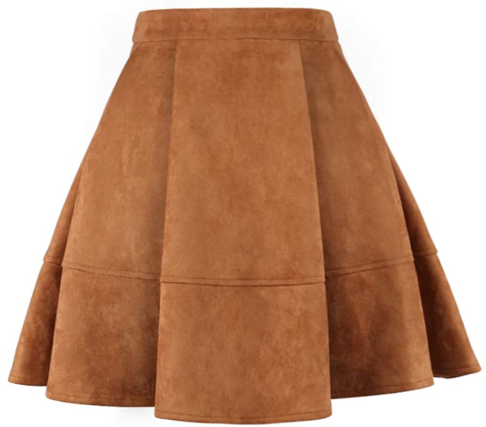 Exlura Womens Faux Suede High Waist Pleated Short Skirt Elastic Button Front Skater Mini Skirt