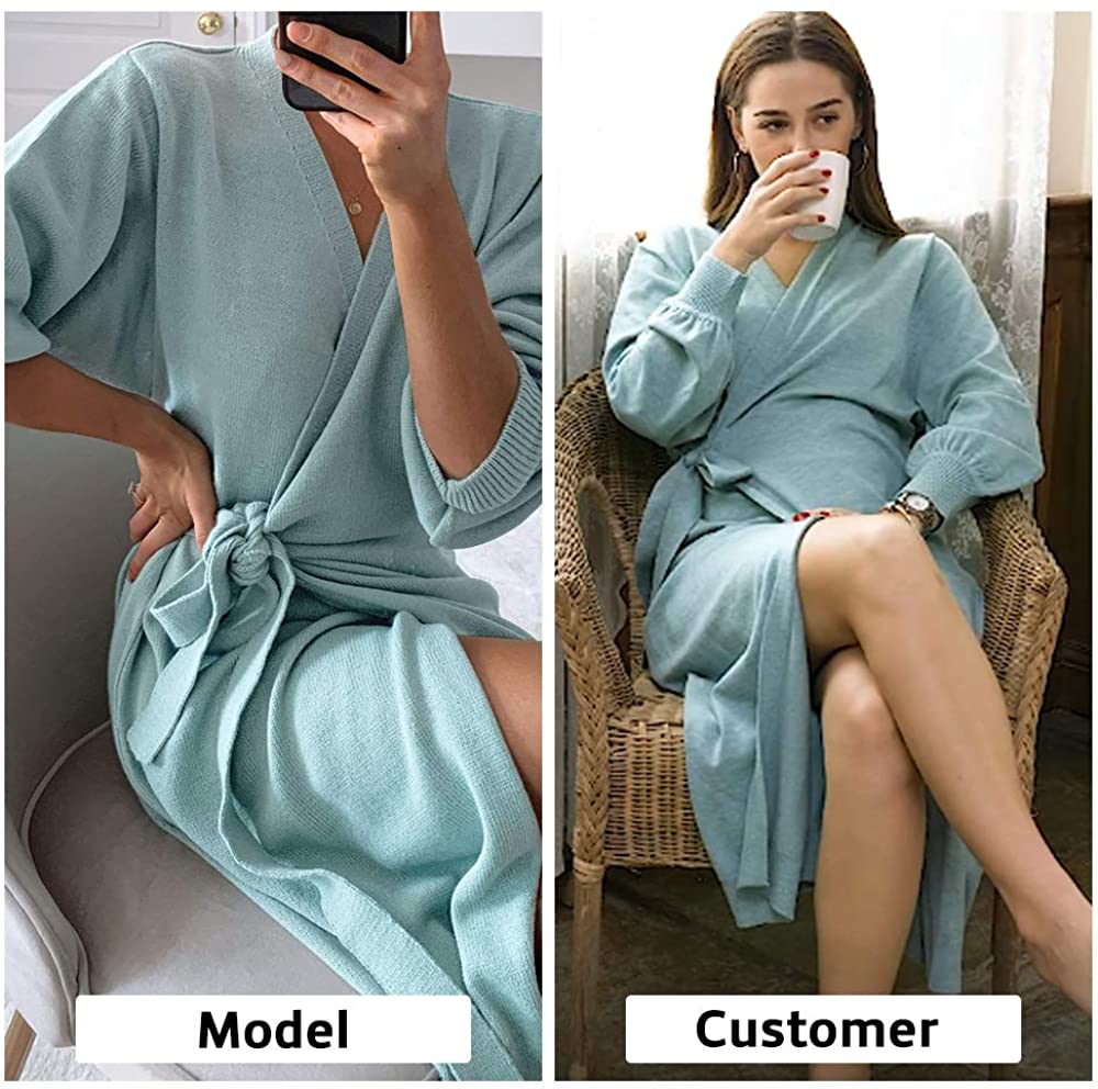 EXLURA Womens Knit Sweater Dress Casual Solid Long Sleeve Wrap Maxi Dresses with Belt