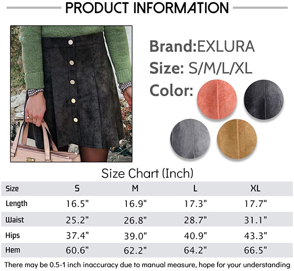 Exlura Womens Faux Suede High Waist Pleated Short Skirt Elastic Button Front Skater Mini Skirt