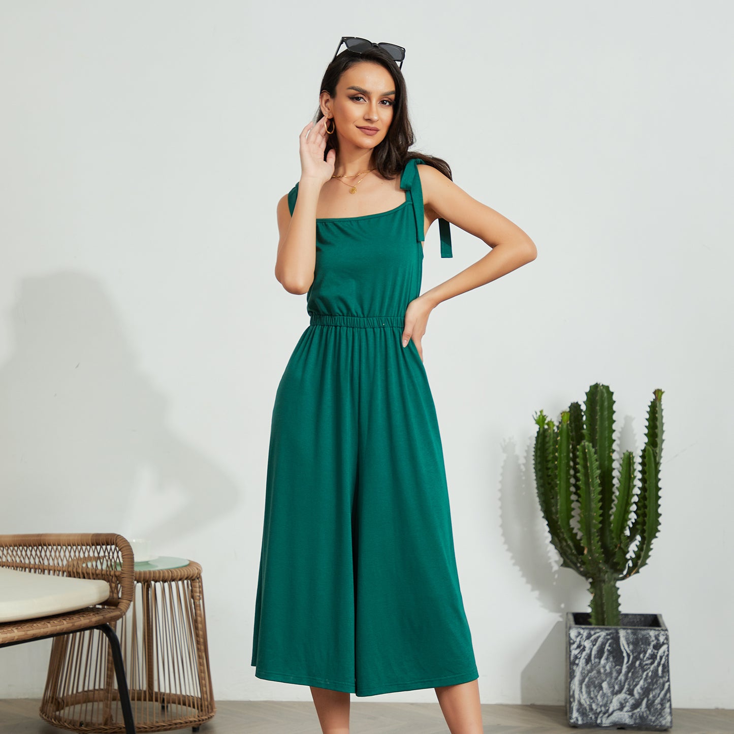 Byinns Women’s Square Neck Sleeveless Strappy Long Romper Tie Shoulder Wide Leg High Waist Knit Jumpsuit Playsuit