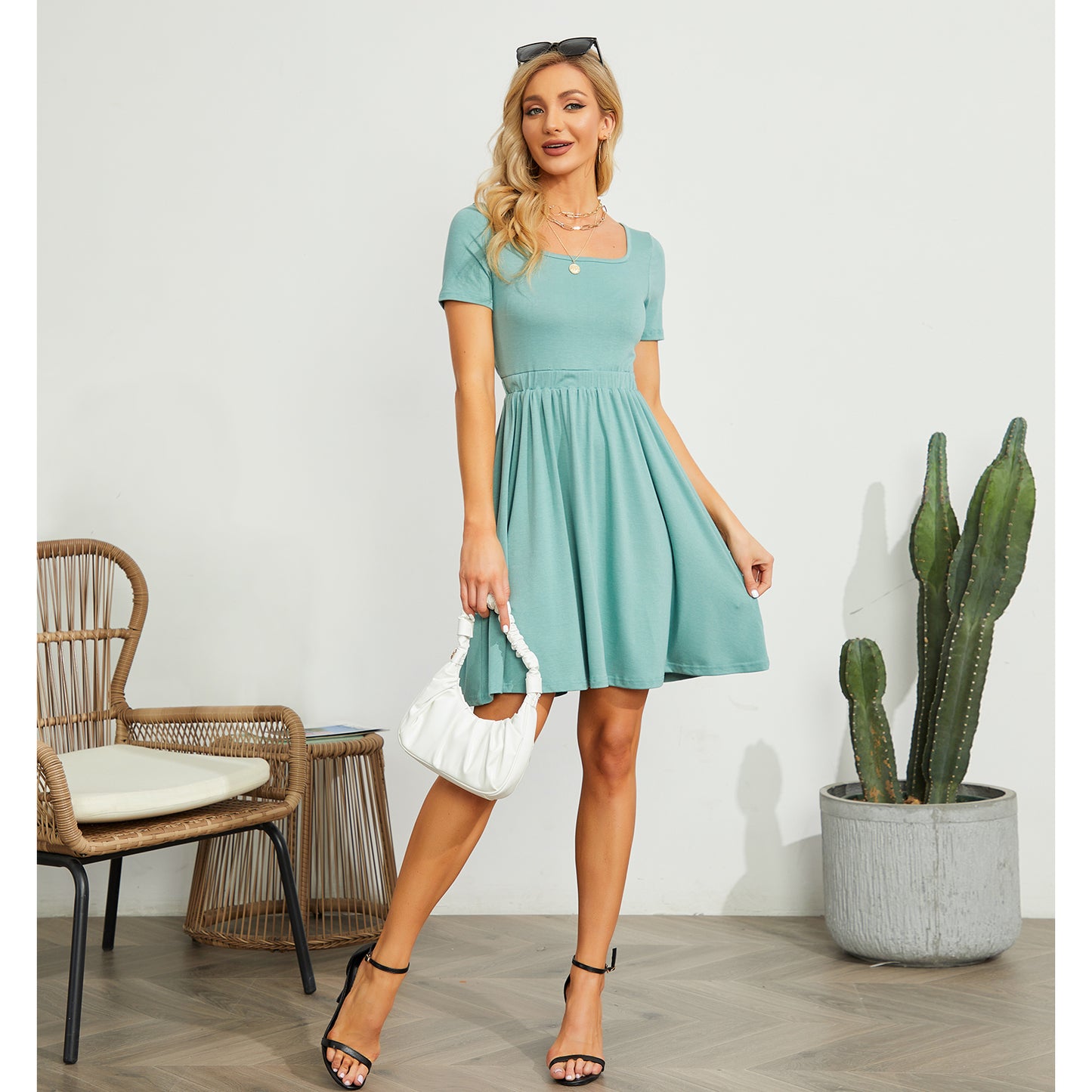 Exlura Women’s Short Sleeve Square Neck Skater Dress Backless Knit Tie Back High Waist Flowy Mini Dress