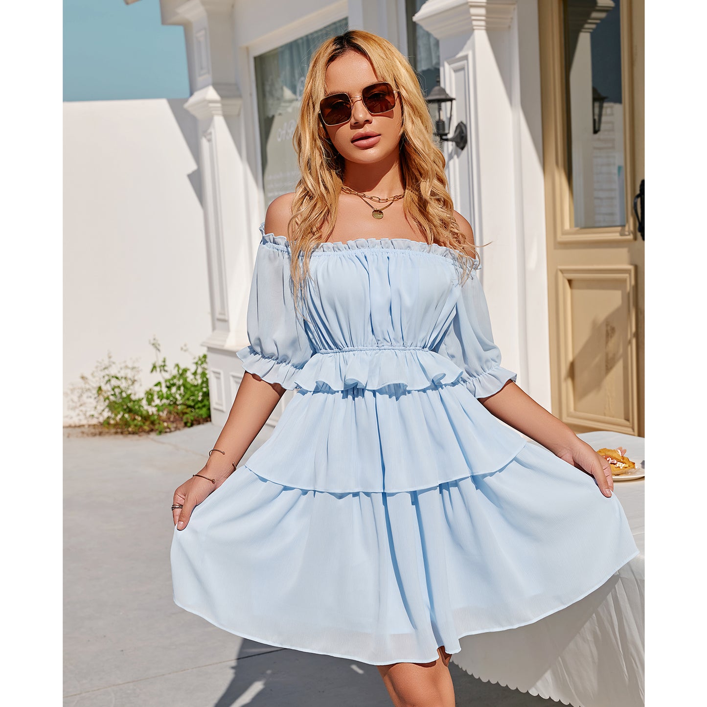 Exlura Women’s Off Shoulder Ruffle Short Dress Flowy Tiered Smocked 3/4 Puff Sleeve High Waist Casual Mini Dress