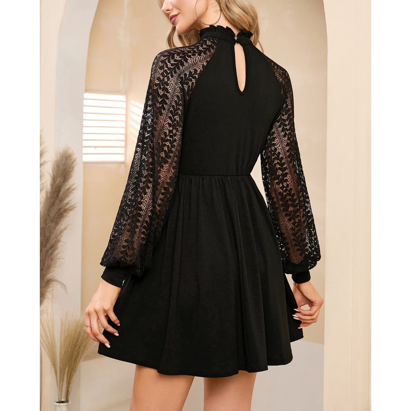 EXLURA Women’s Lace Tshirt Mini Dress Ruffle High Neck Long Puff Sleeve Swing Dress Flowy Wedding Guest Dresses