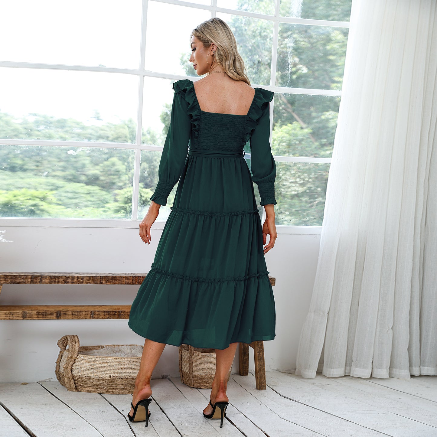 Byinns Womens Long Sleeves Smocked Waist Maxi Dress Elegant Ruffle Square Neck Dresses