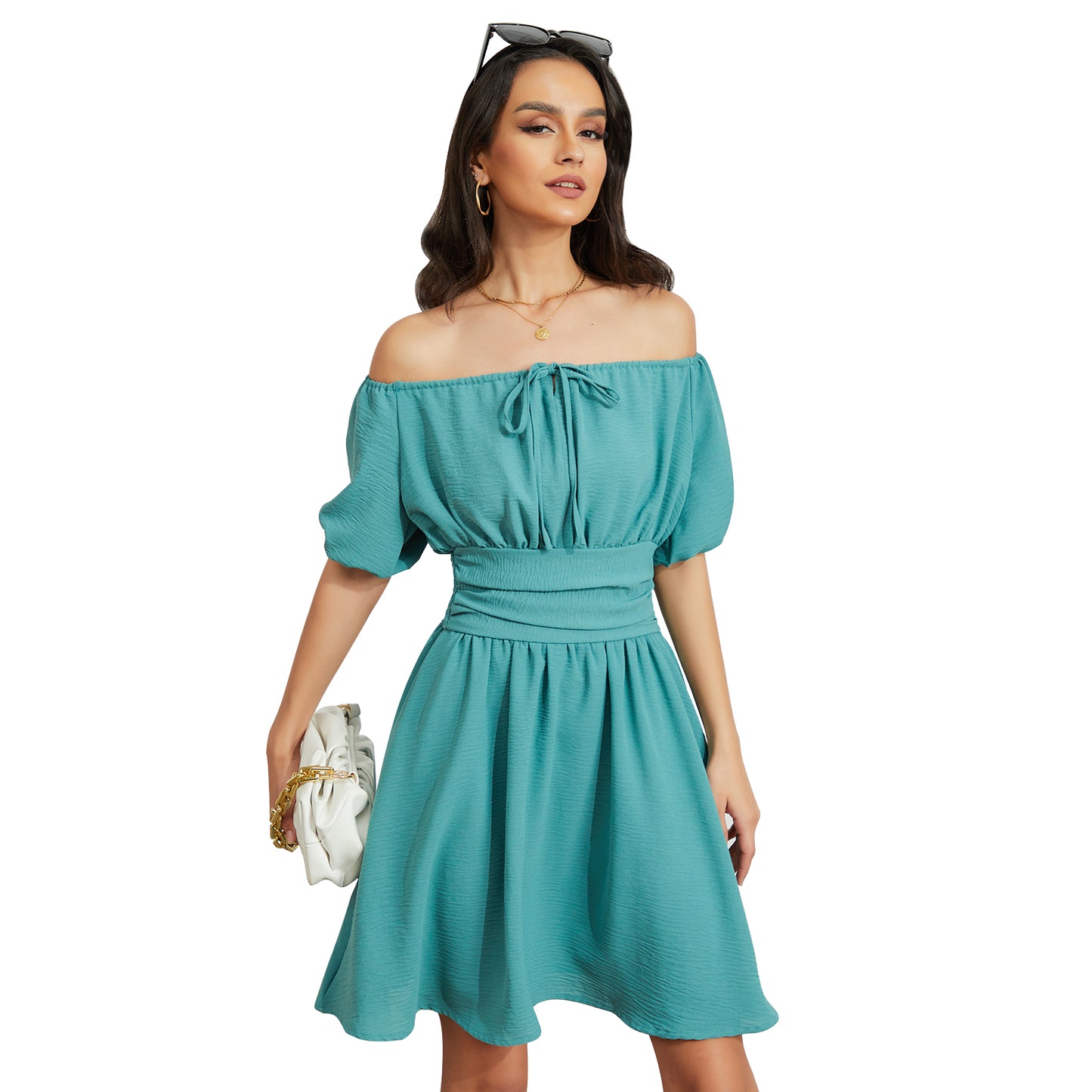 Exlura Women’s Off Shoulder Elegant Short Dress Ruched Drawstring Smocked Short Puff Sleeve High Waist Mini Dress