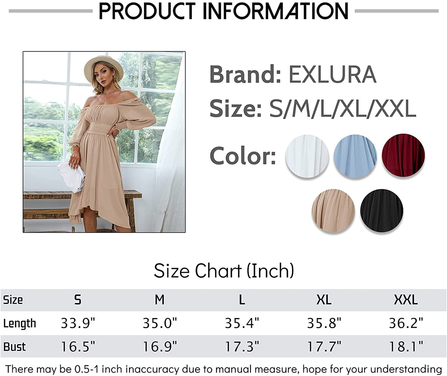 EXLURA Women's Tie Back Asymmetrical Hem Off Shoulder A-line Dresses Long Lantern Sleeve Ruffle Midi Dress