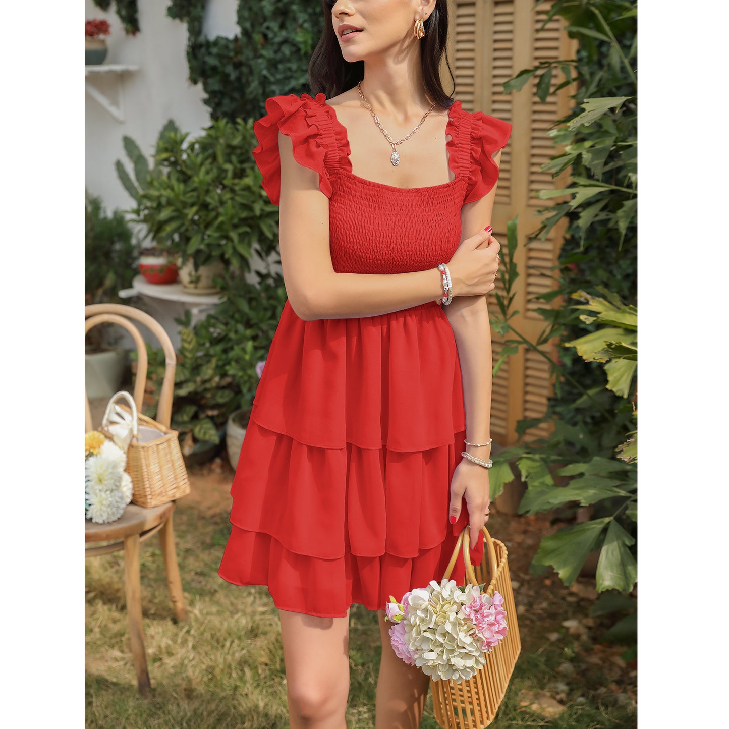 High Waist Sleeveless Ruffle Dress Backless Square Mini Summer Dress