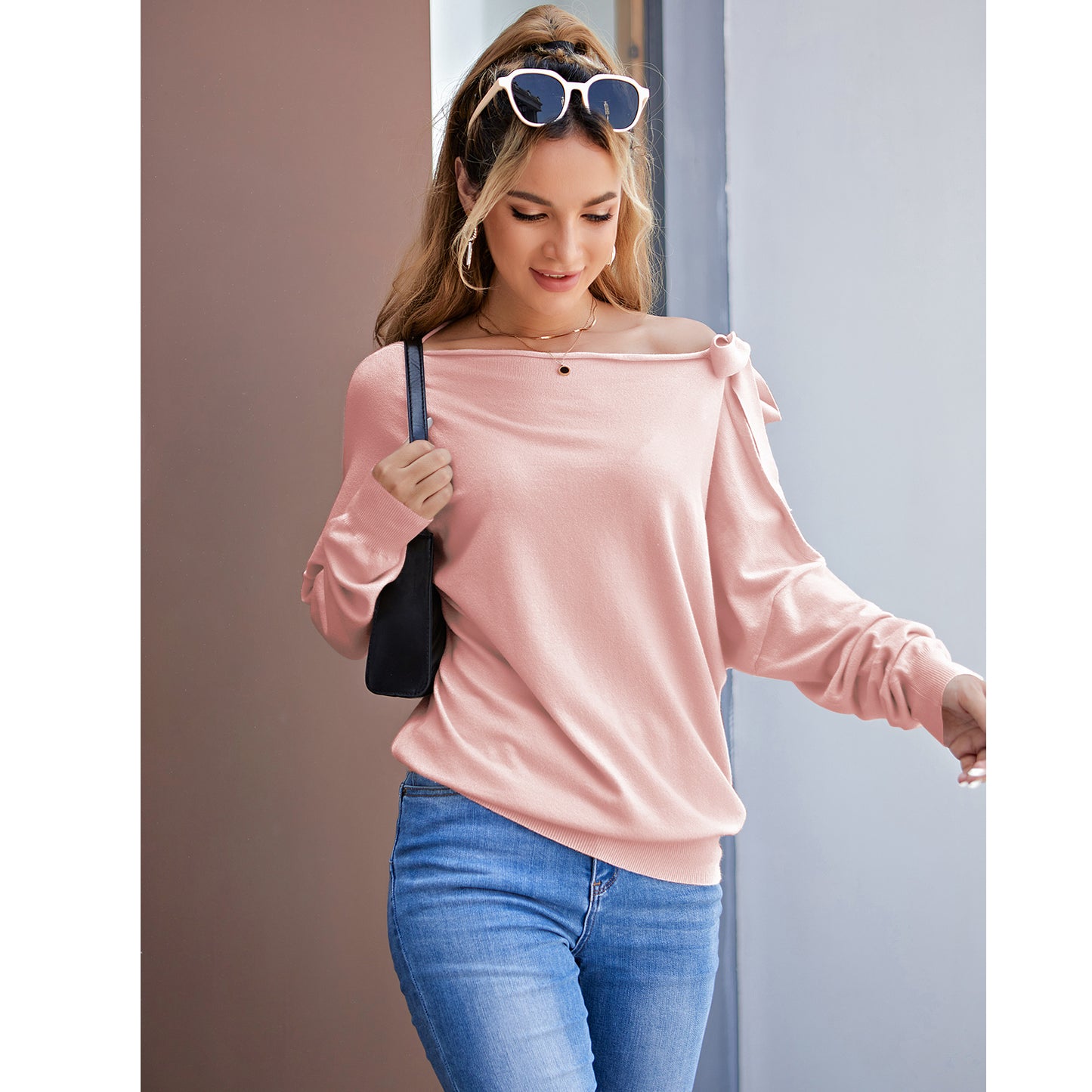 Tie Knot One Shoulder Blouse Batwing Sleeve Elegant Loose Fit Tops